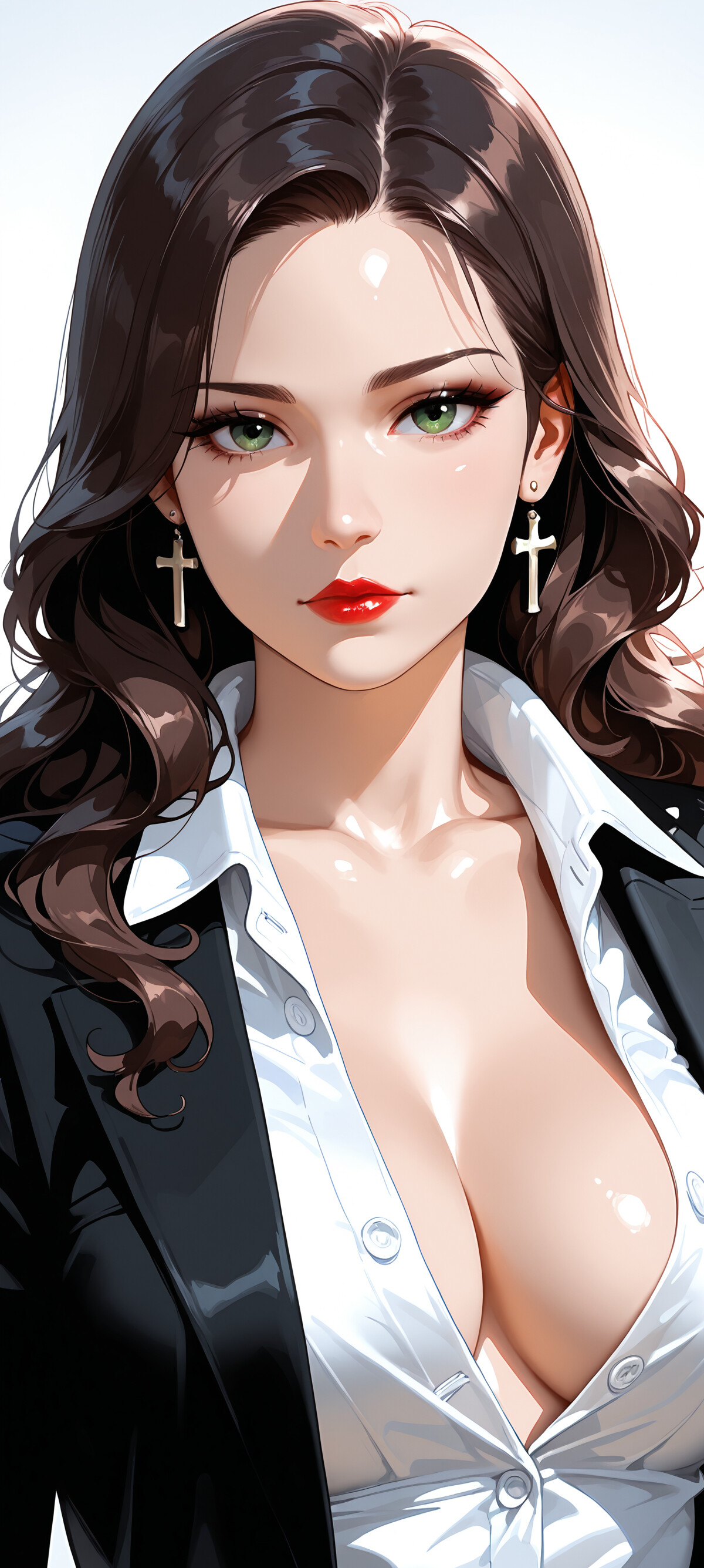 A beautiful woman with long brown hair, green eyes, and red lipstick, wearing an open white collared shirt and silver cross earrings, looking directly at the camera.