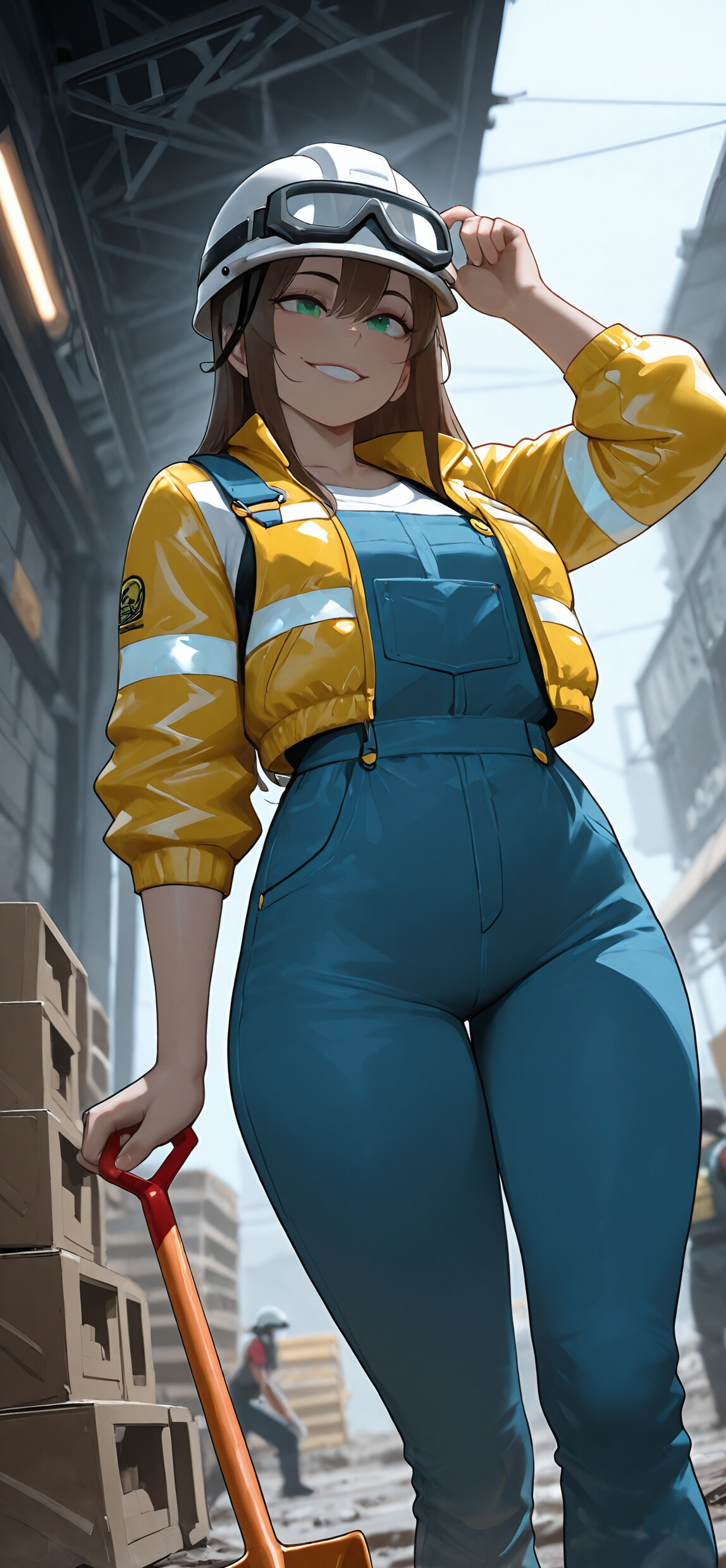 An anime girl with long green hair and a confident smile, dressed as a construction worker in a yellow hard hat, yellow jacket, and blue overalls, holding a shovel on a construction site.