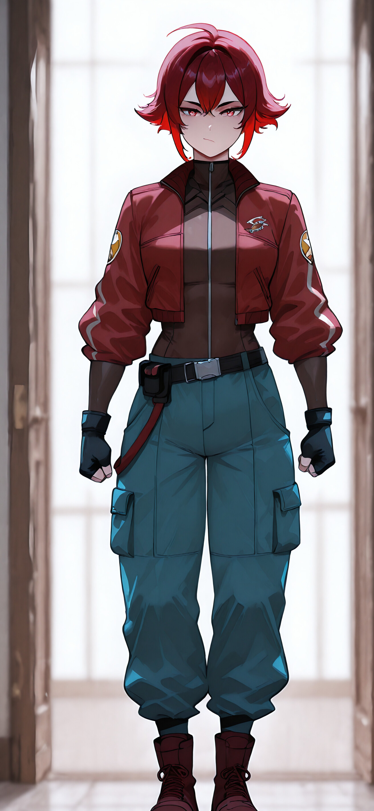 A full-body illustration of a muscular anime woman with short red hair and red eyes, wearing a red jacket, blue cargo pants, and combat boots while standing in a long hallway lined with pillars.