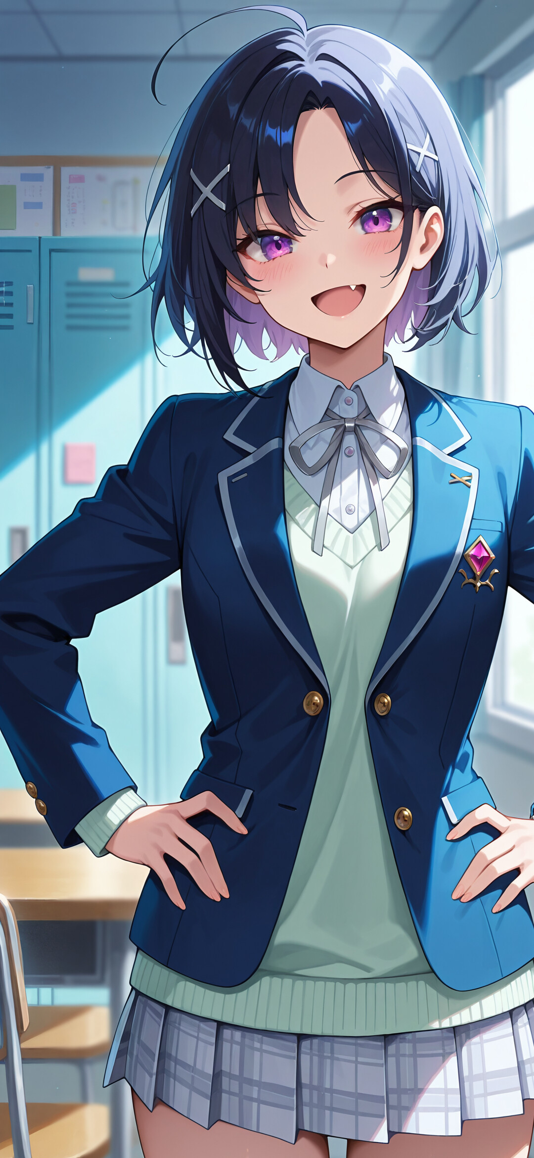 An anime girl with short black and purple hair, purple eyes, and a fang, smiling in her school uniform. She is standing with her hands on her hips in a classroom next to a row of turquoise lockers.