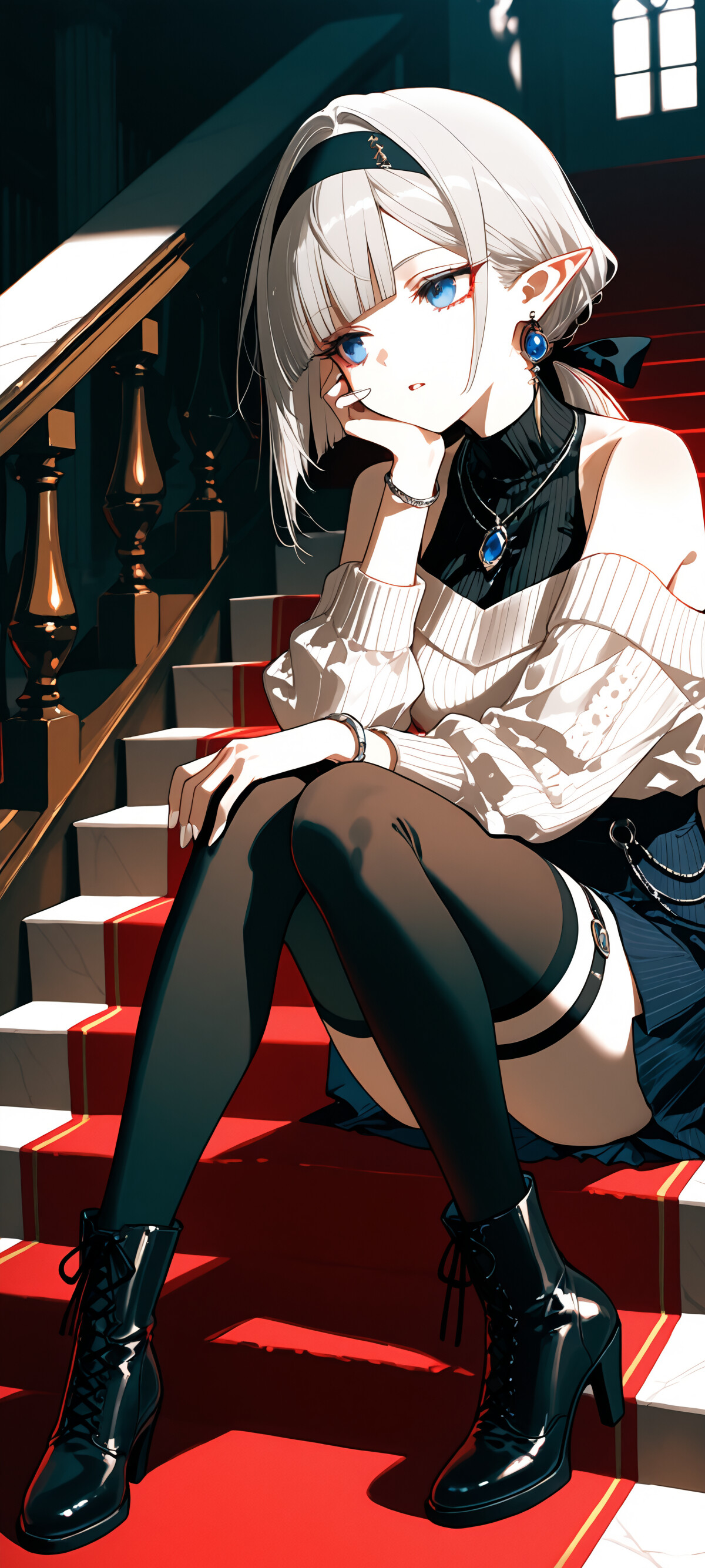 A full-body illustration of a graceful elf girl with long white hair and blue eyes, sitting on a grand staircase with a red carpet. She is wearing a white off-shoulder sweater, a dark skirt, and black thigh-highs, resting her head on her hand in a pensive pose.