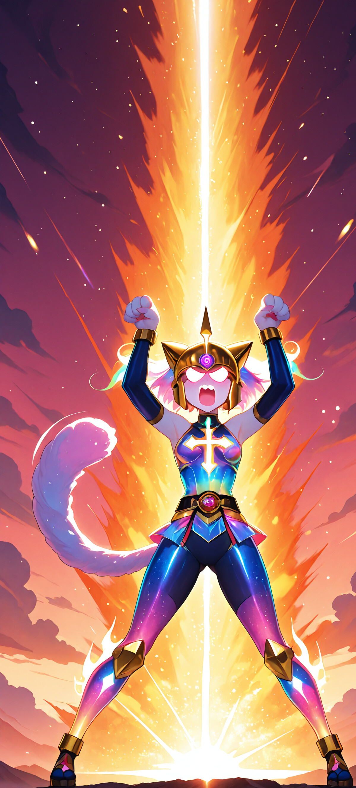 An anime-style anthropomorphic cat superhero in colorful, futuristic armor stands in a power pose as a massive bolt of golden lightning strikes down from a vibrant purple and pink cosmic sky.