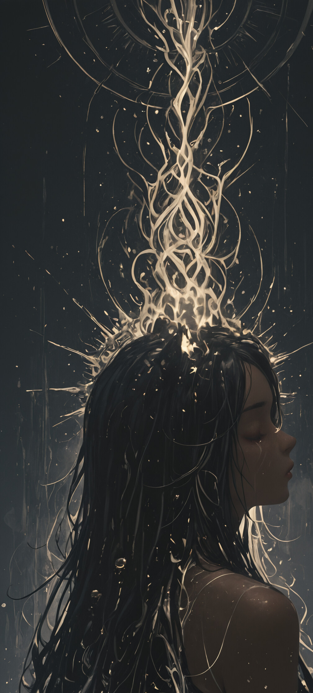 A digital painting of a serene young woman with long black hair and black cat ears, shown in profile. She has her eyes closed against a dark, cosmic background with a large, glowing golden celestial pattern behind her.