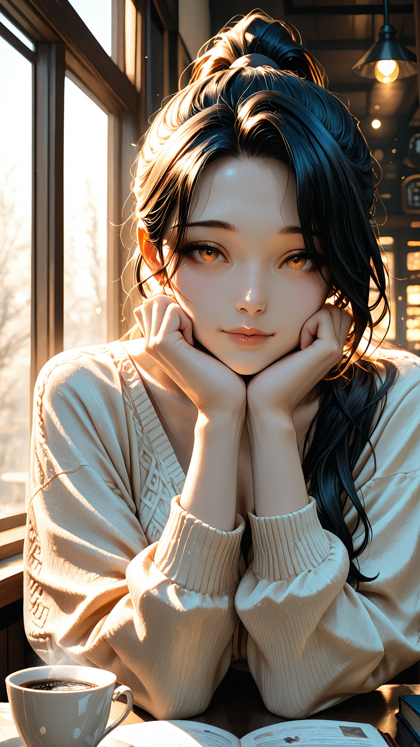 A person with long black hair and hazel eyes sitting by a window in a cozy cafe, bathed in warm sunlight.