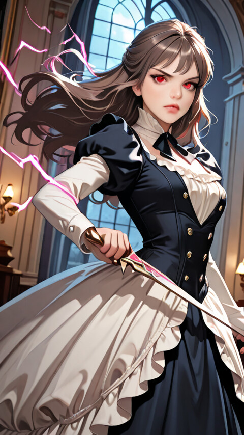 An anime-style woman with long brown hair and piercing red eyes in a black and white Victorian dress, holding two swords glowing with a pink lightning aura inside a grand mansion ballroom.