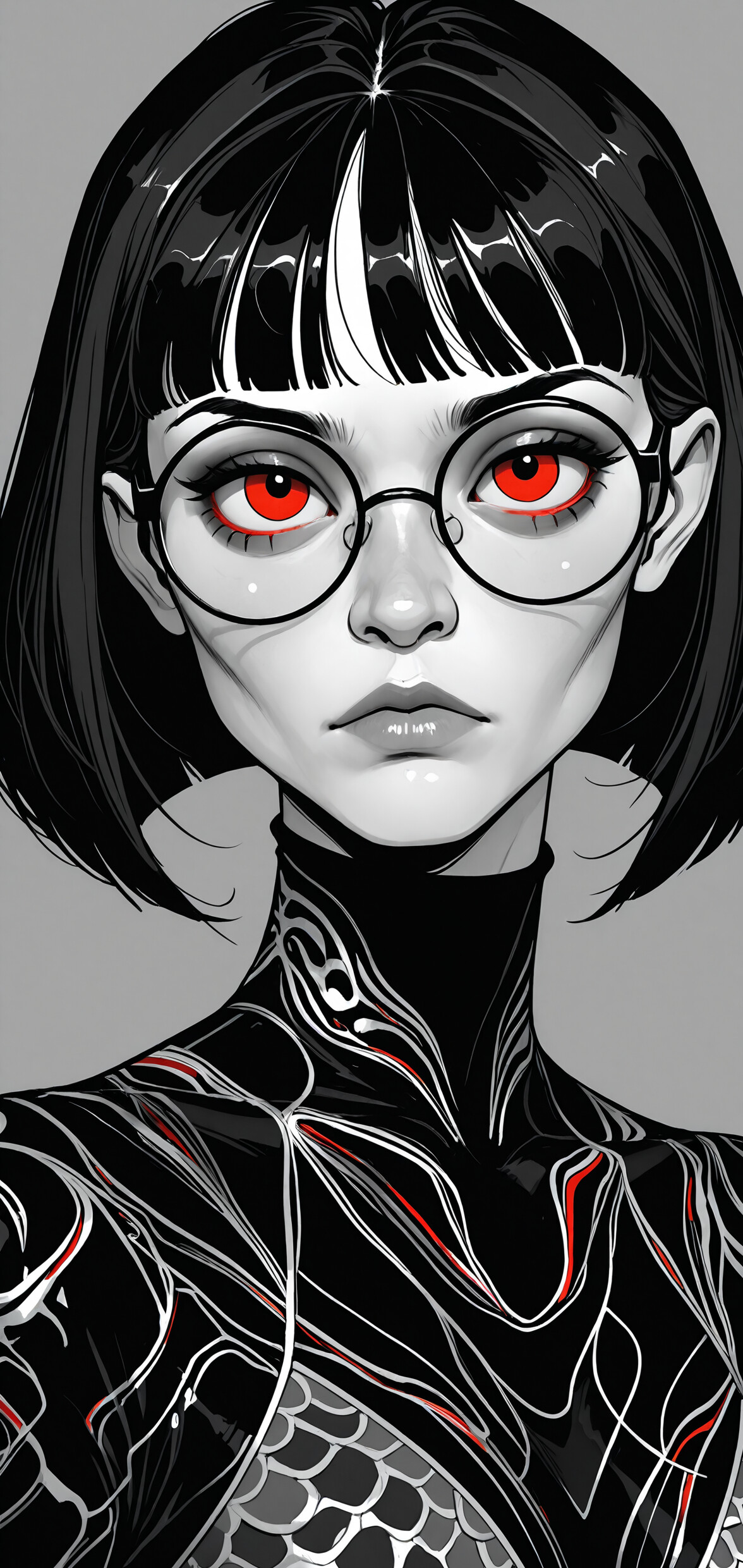 A graphic art portrait of a woman with a short black bob, round glasses, and intense red eyes. She is wearing a high-collared, patterned top in black, white, and red against a grey background.