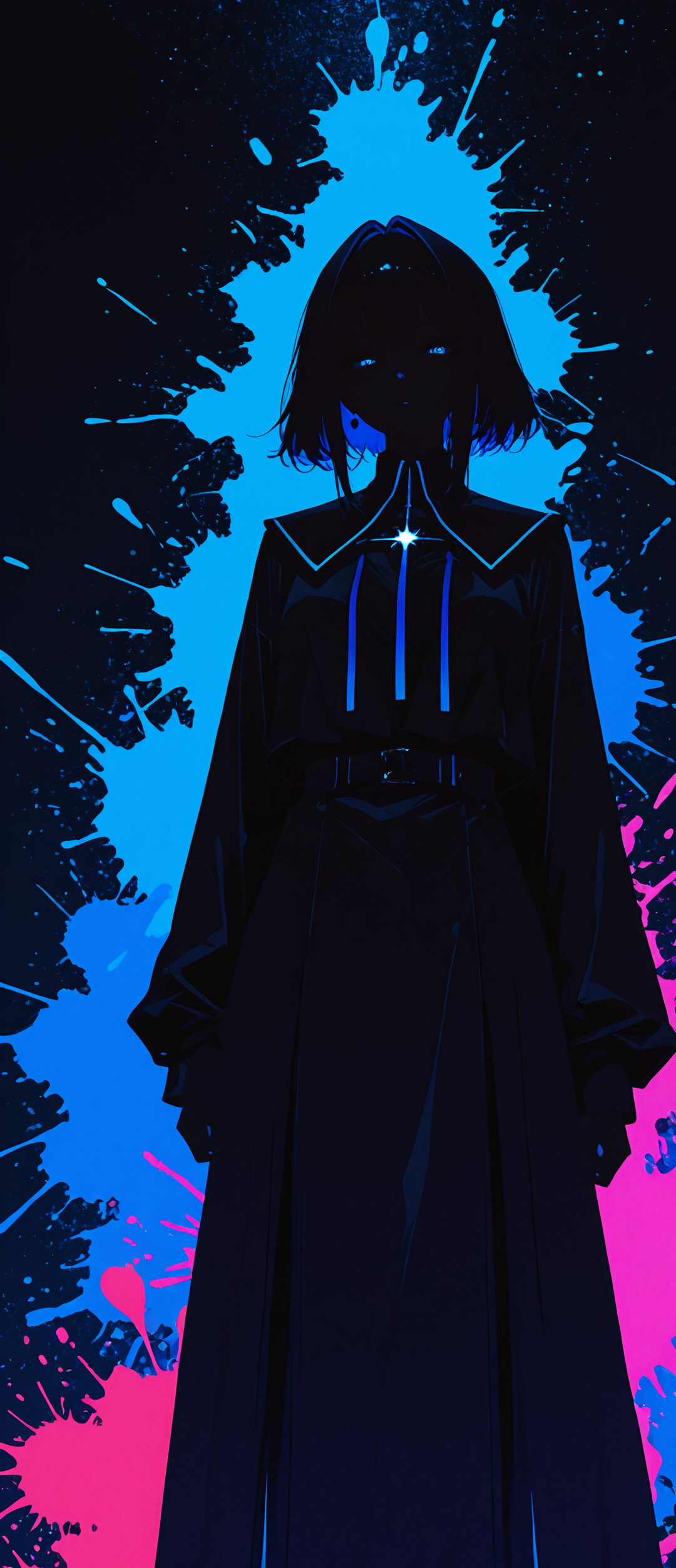 Digital art portrait of a woman with long black hair and glowing red eyes, against a background of neon pink and blue paint splatters.