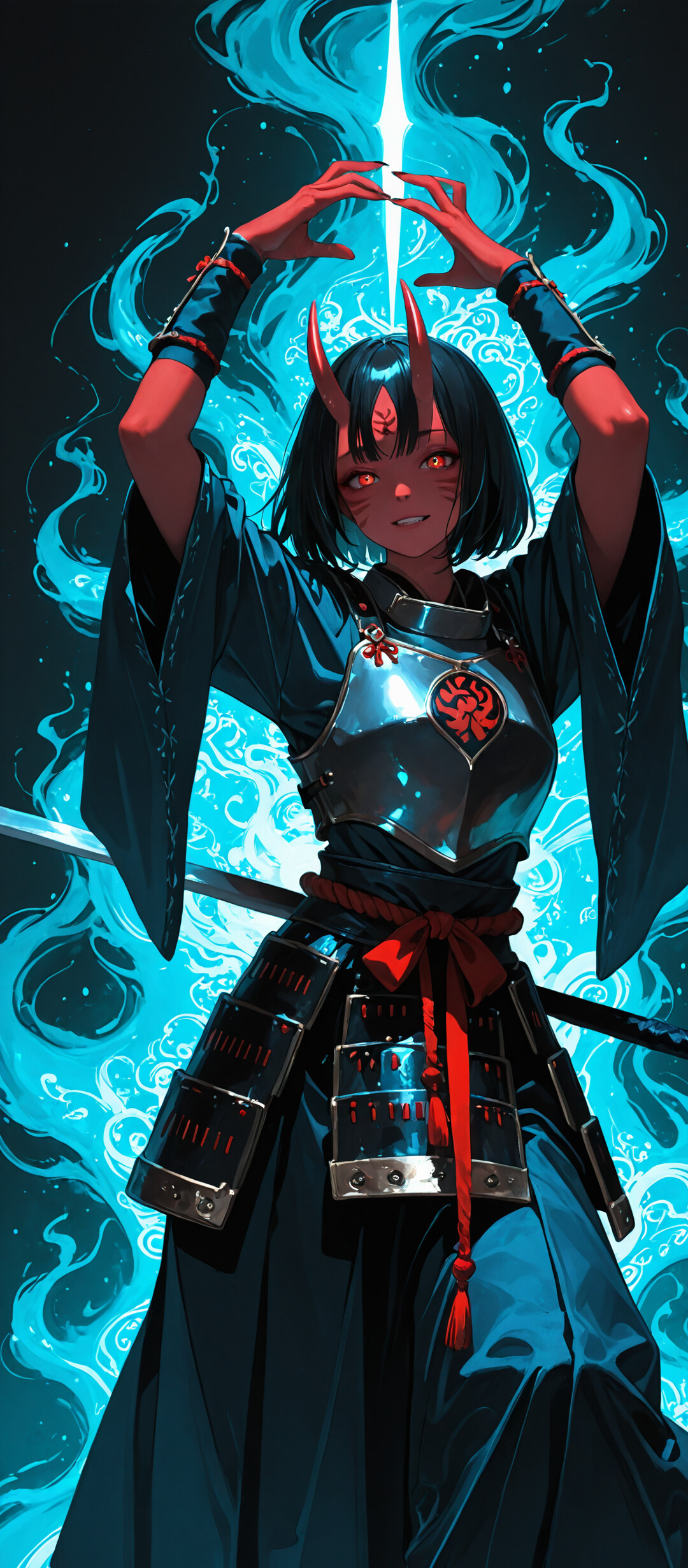 A red-skinned oni girl with white hair and horns, wearing samurai armor over a dark kimono, holds two short swords crossed above her head amidst swirling blue spirit flames and ghostly faces.