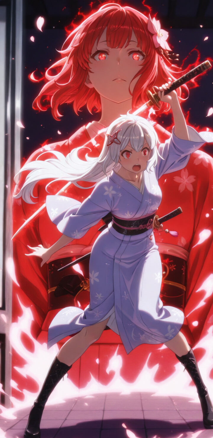 An anime girl with long white hair and red eyes, wearing a cherry blossom kimono and black boots, stands in a dynamic pose in front of a glowing red energy ring.