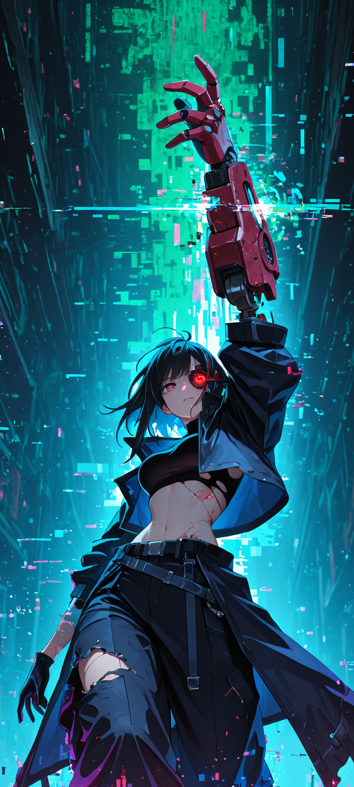 An anime-style female warrior with a cybernetic arm and red eye in a dynamic pose. She wields a blue energy blade in a futuristic, neon-blue city filled with digital glitch effects.