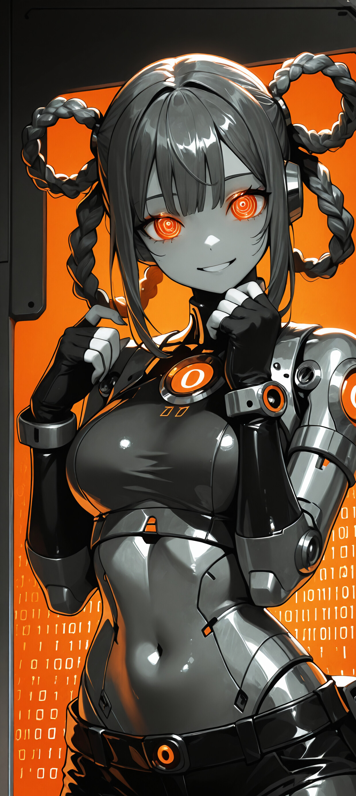 A digital illustration of a female android with a black and grey body, glowing orange eyes, and hair made of glowing orange braided cables styled into twin buns. The background is dark with falling binary code.