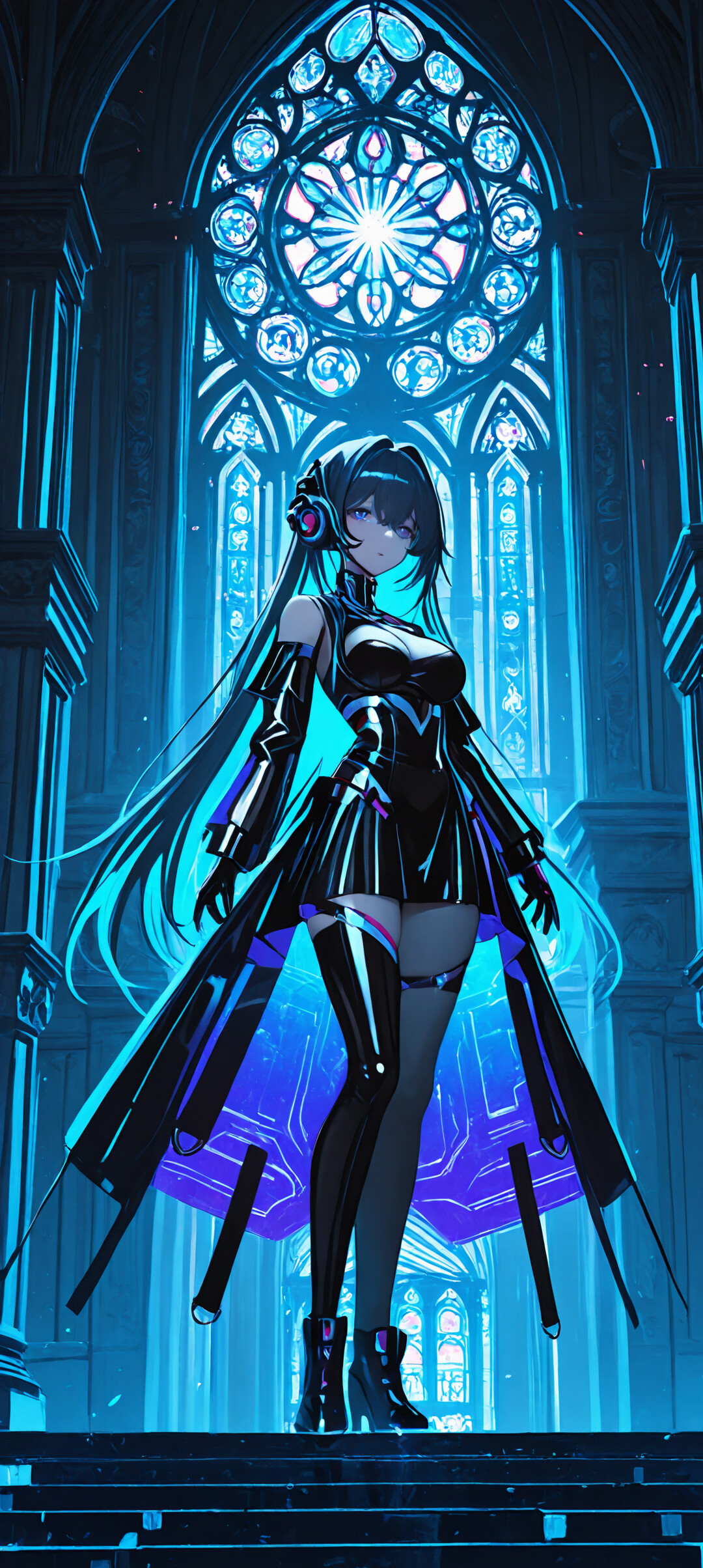 A full-body illustration of an anime-style woman with long blue hair in a black and blue futuristic bodysuit standing inside a dark, neon-blue lit gothic cathedral.