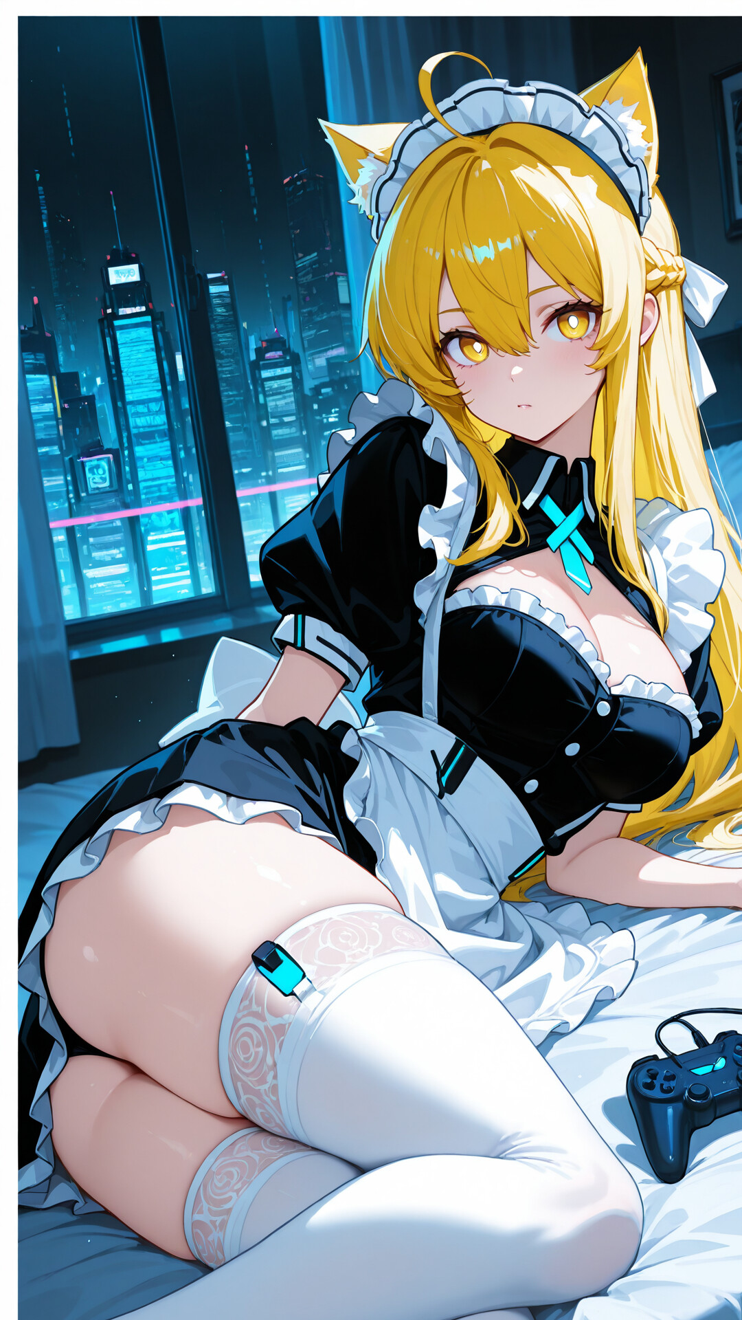 An anime cat girl with long blonde hair and yellow eyes, dressed in a black and white cyberpunk maid outfit, sitting in a dark room with a neon city visible through the window behind her.