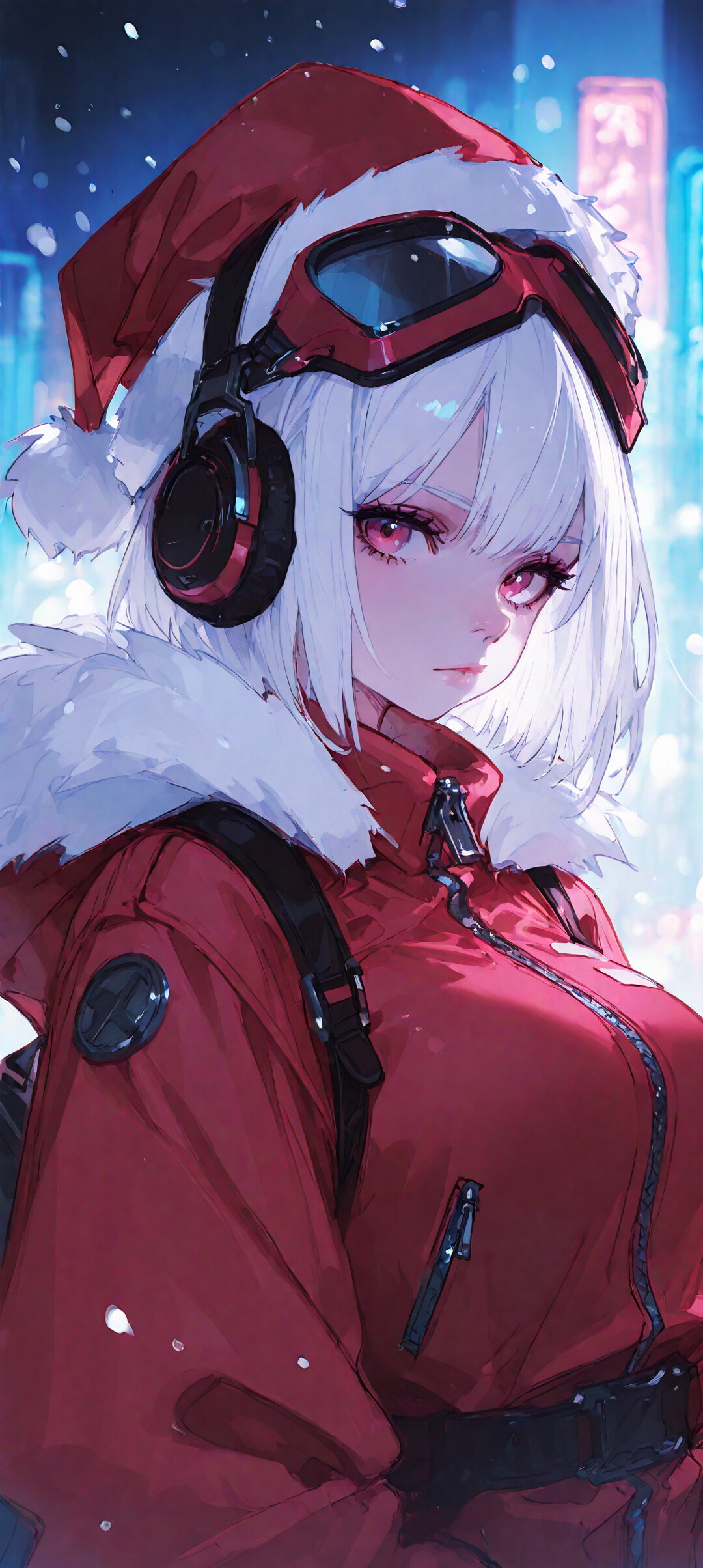 An anime girl with short white hair and red eyes wearing a red Santa hat with goggles, headphones, and a red winter jacket, standing on a snowy city street with neon lights in the background.