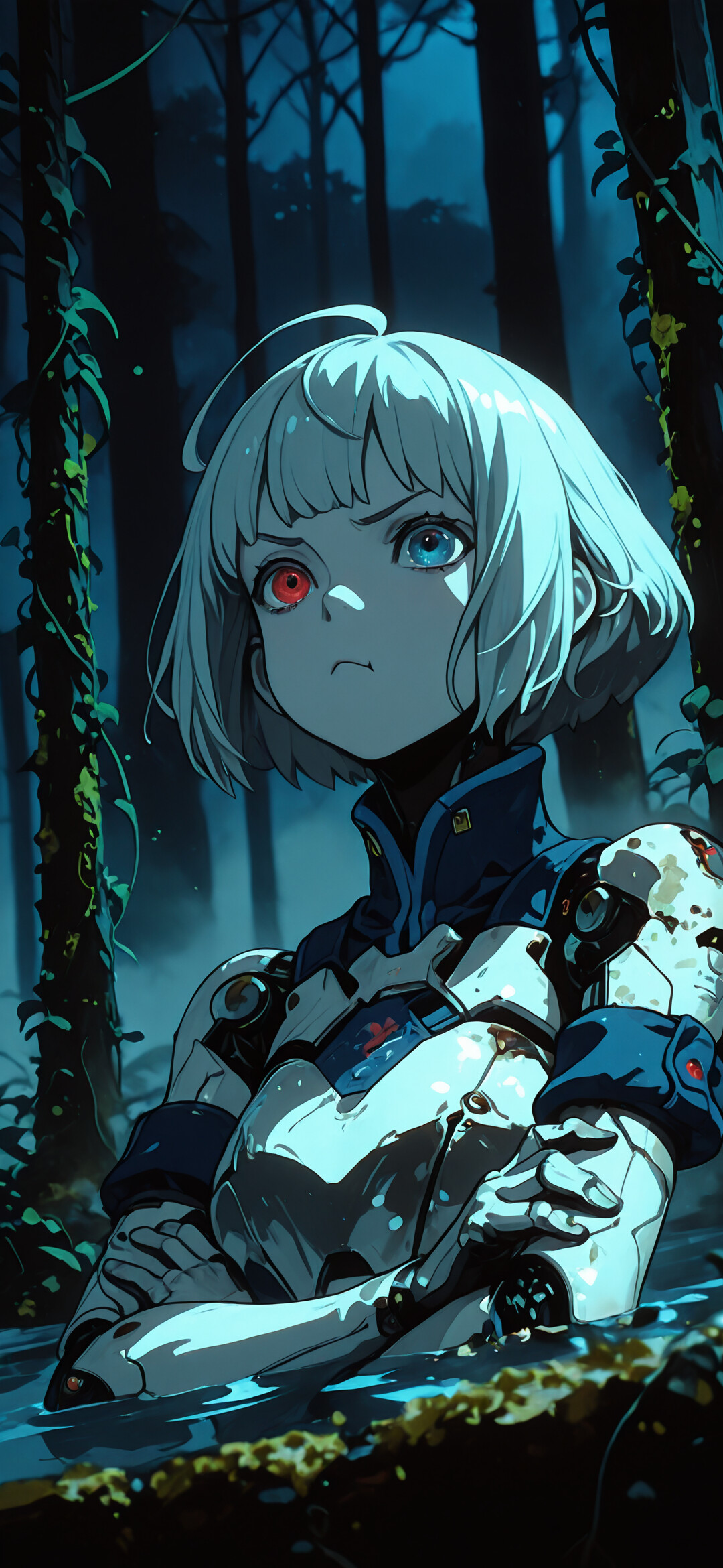 A female cyborg with short silver hair, one red eye and one blue eye, stands with her arms crossed in a dark, blue-lit swampy forest at night. She wears white and blue armor, and a small robot is visible in the background.