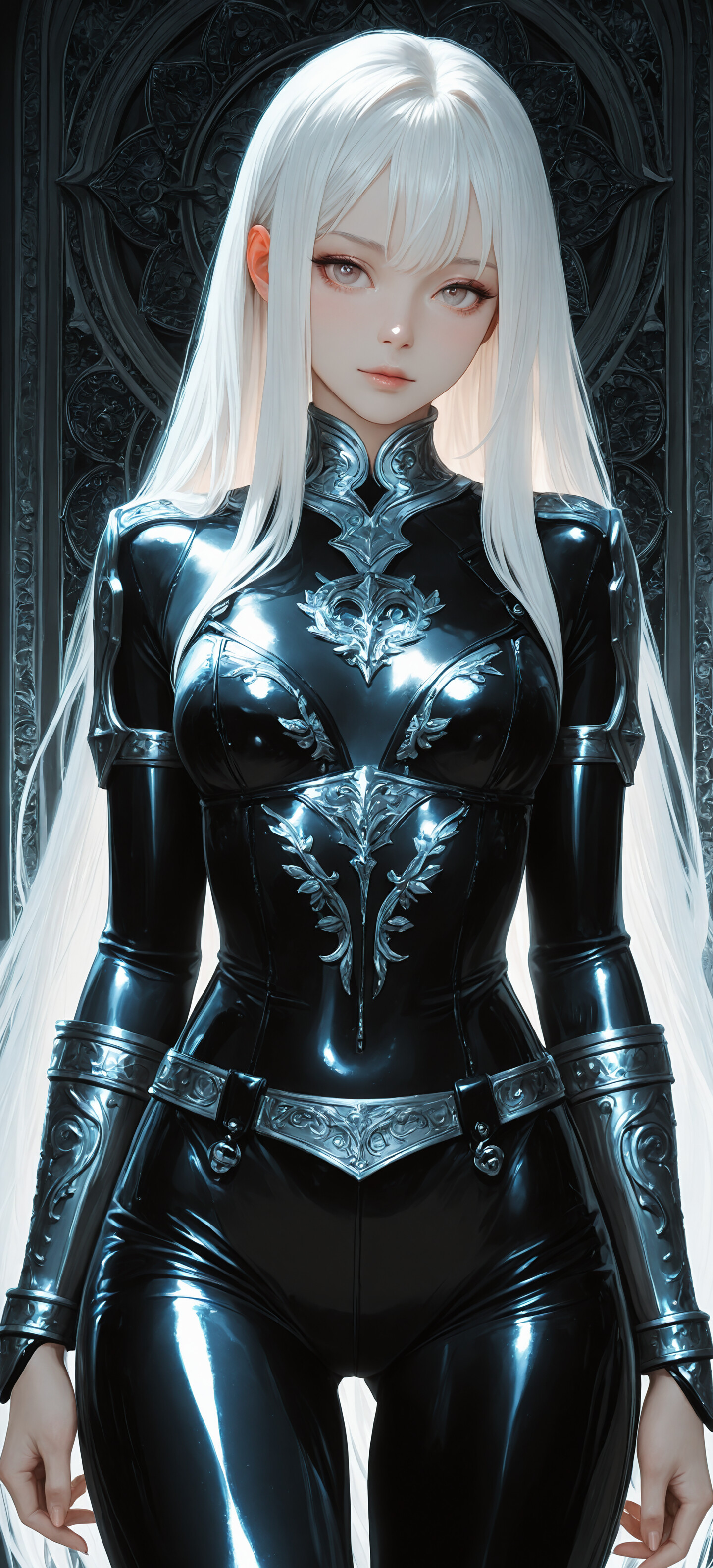 A fantasy illustration of a young woman with long white hair and light eyes, wearing a tight black leather outfit with silver bracers and a cape, standing in front of a dark, ornate archway.