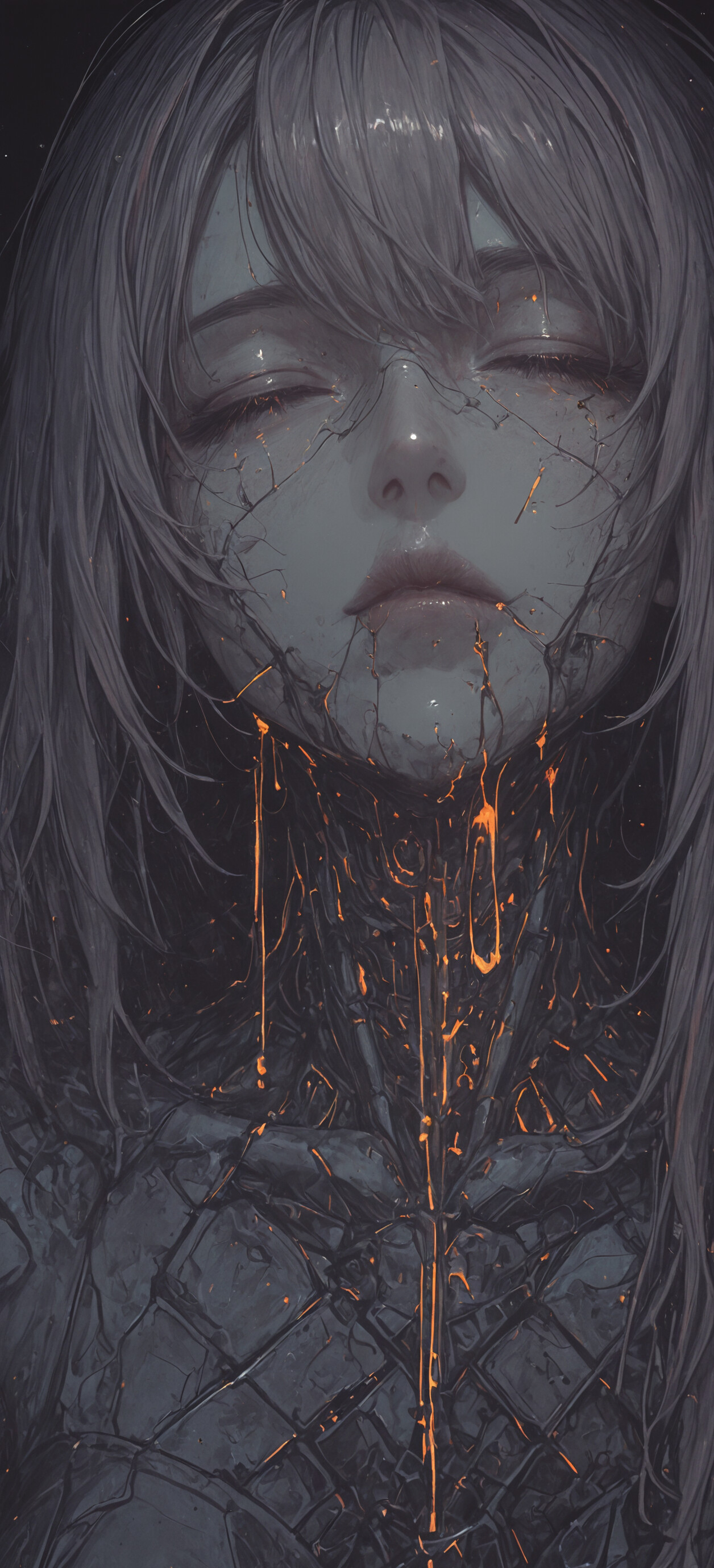 A surreal digital portrait of a woman with closed eyes and pale skin. Her grey hair and body are composed of intricate, dark, wire-like strands, illuminated by glowing orange sparks against a dark, particle-filled background.