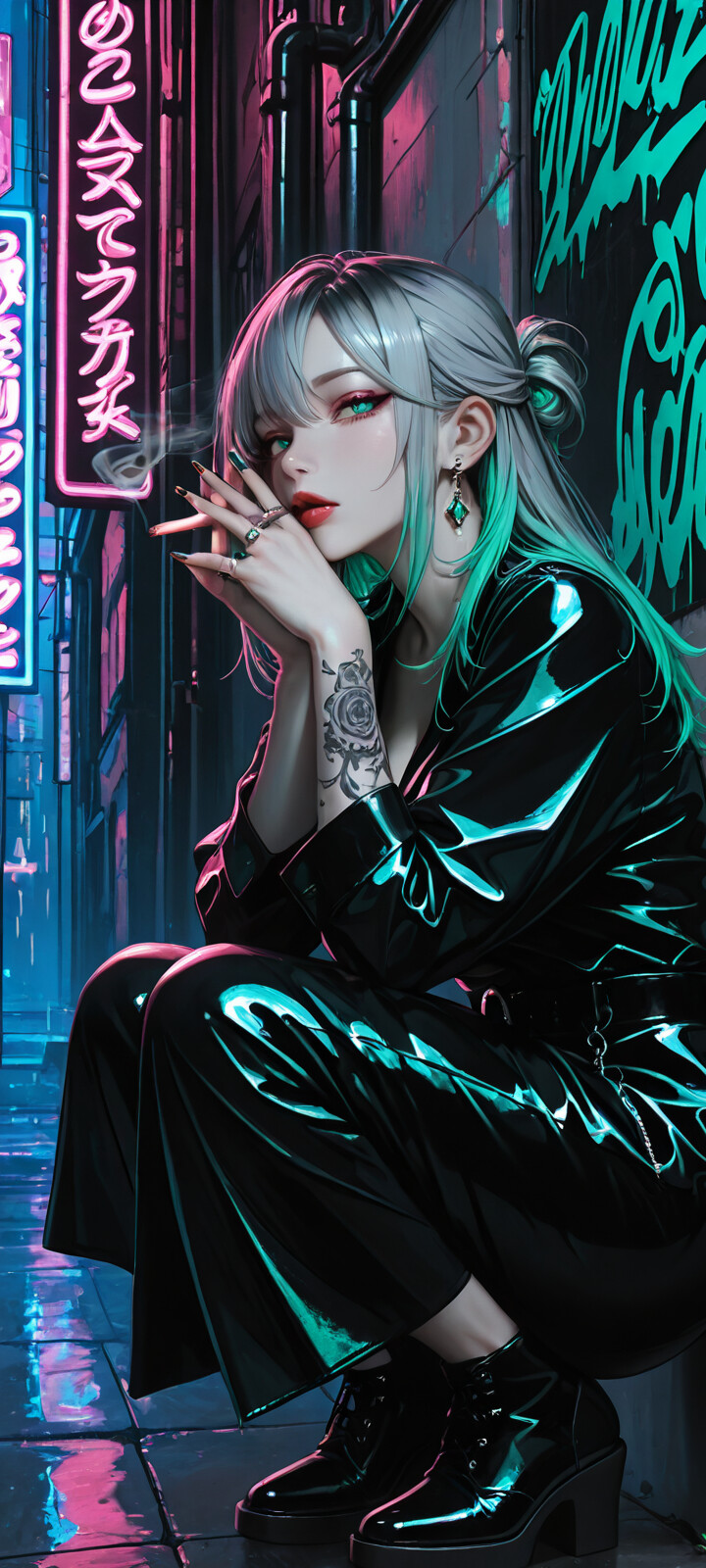 An anime-style illustration of a young woman with gray hair, green highlights, and bright green eyes, crouching in a dark, neon-lit alley while smoking a cigarette and looking directly at the camera. She has a large rose tattoo on her arm.