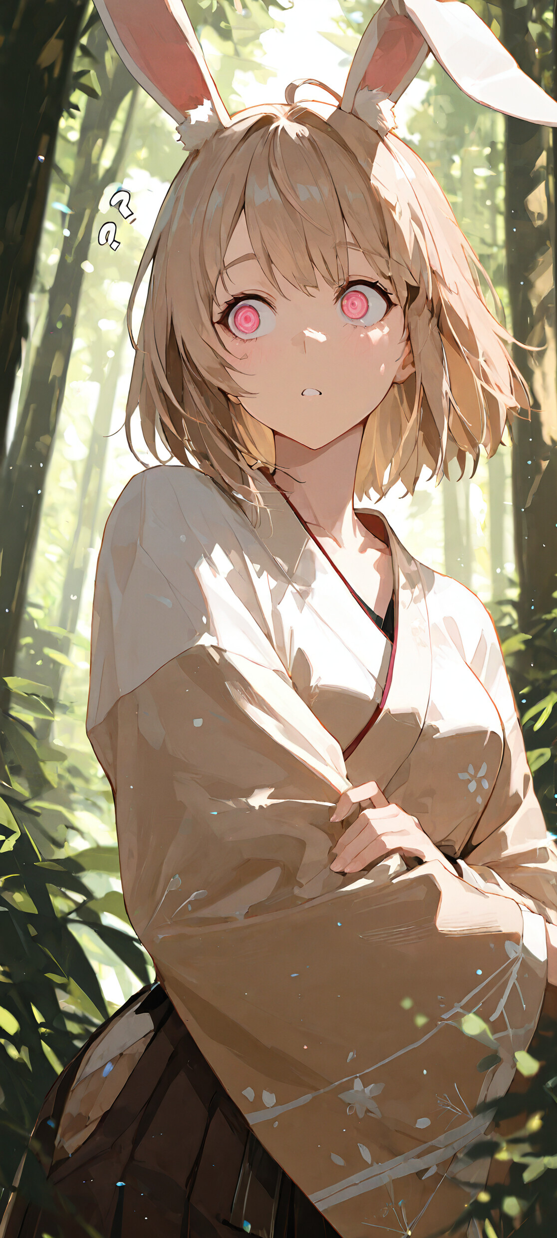 An anime girl with light brown hair and white bunny ears, wearing a white and dark brown Japanese miko outfit, stands in a sunlit forest. She is looking back over her shoulder with wide, glowing pink eyes.