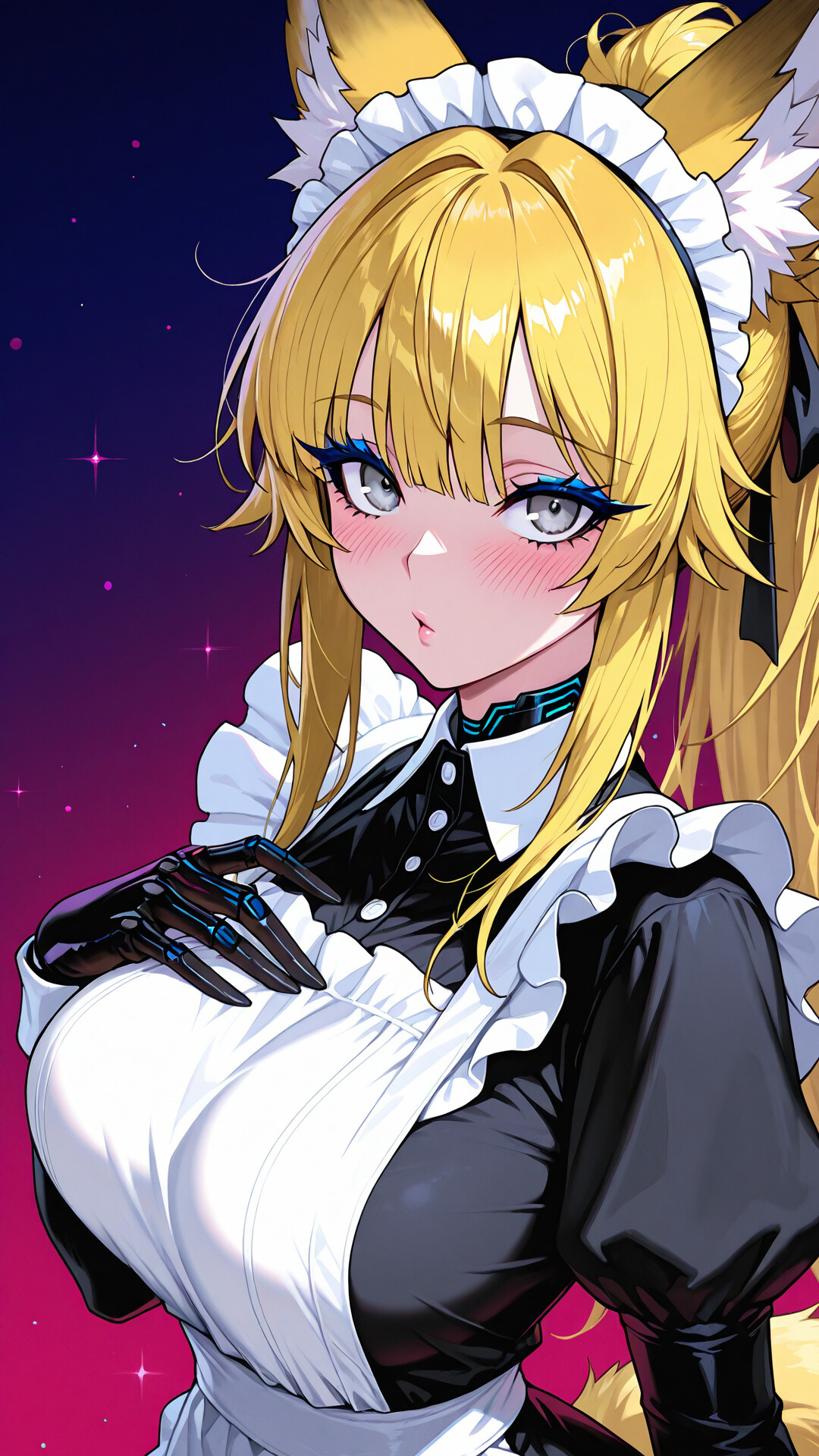 An anime illustration of a beautiful young woman with blonde hair, fox ears, and a fox tail, wearing a black and white maid uniform. She is blushing and looking at the camera with her head tilted.