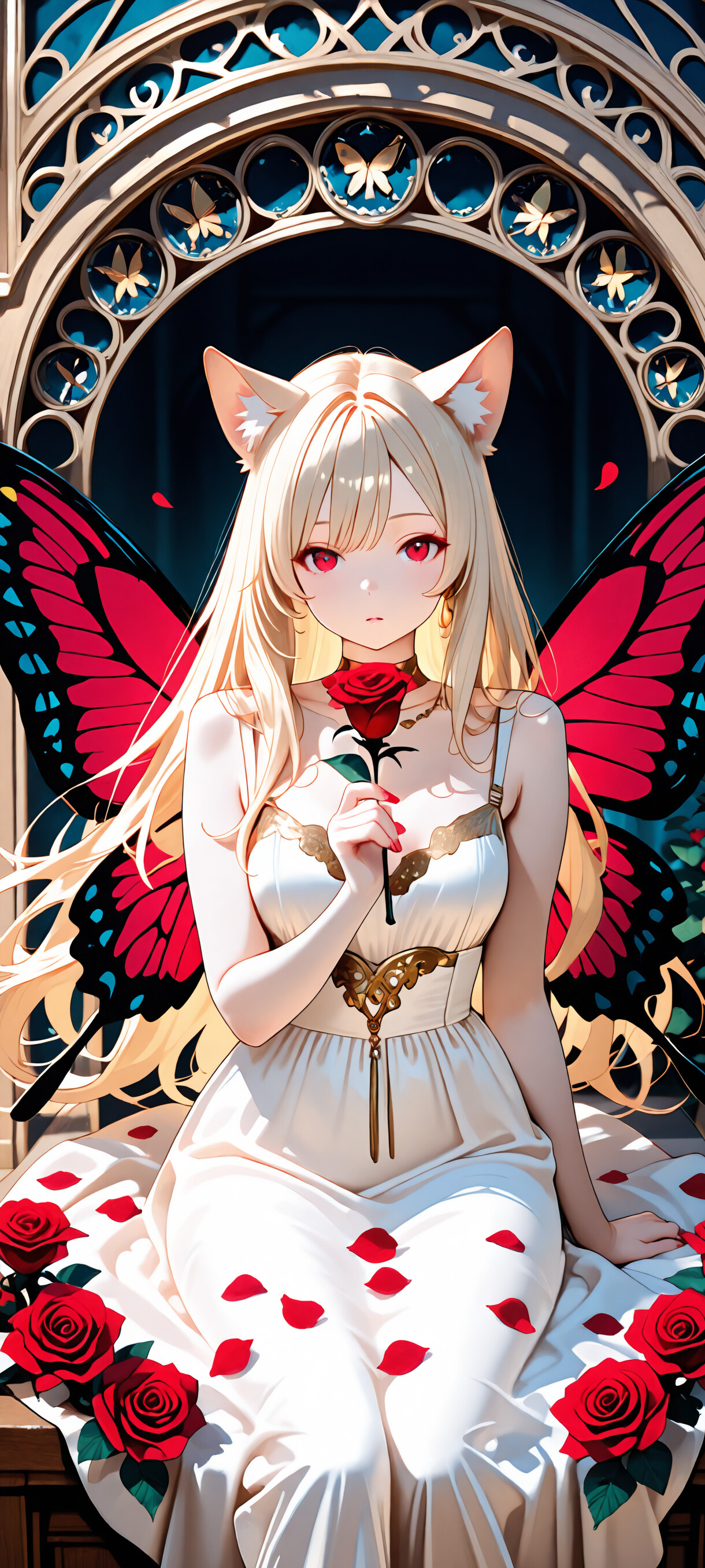 An anime girl with long blonde hair, red eyes, and cat ears, wearing a red dress and large butterfly wings, holds a red rose to her face in a dark, gothic-style hall surrounded by butterflies.