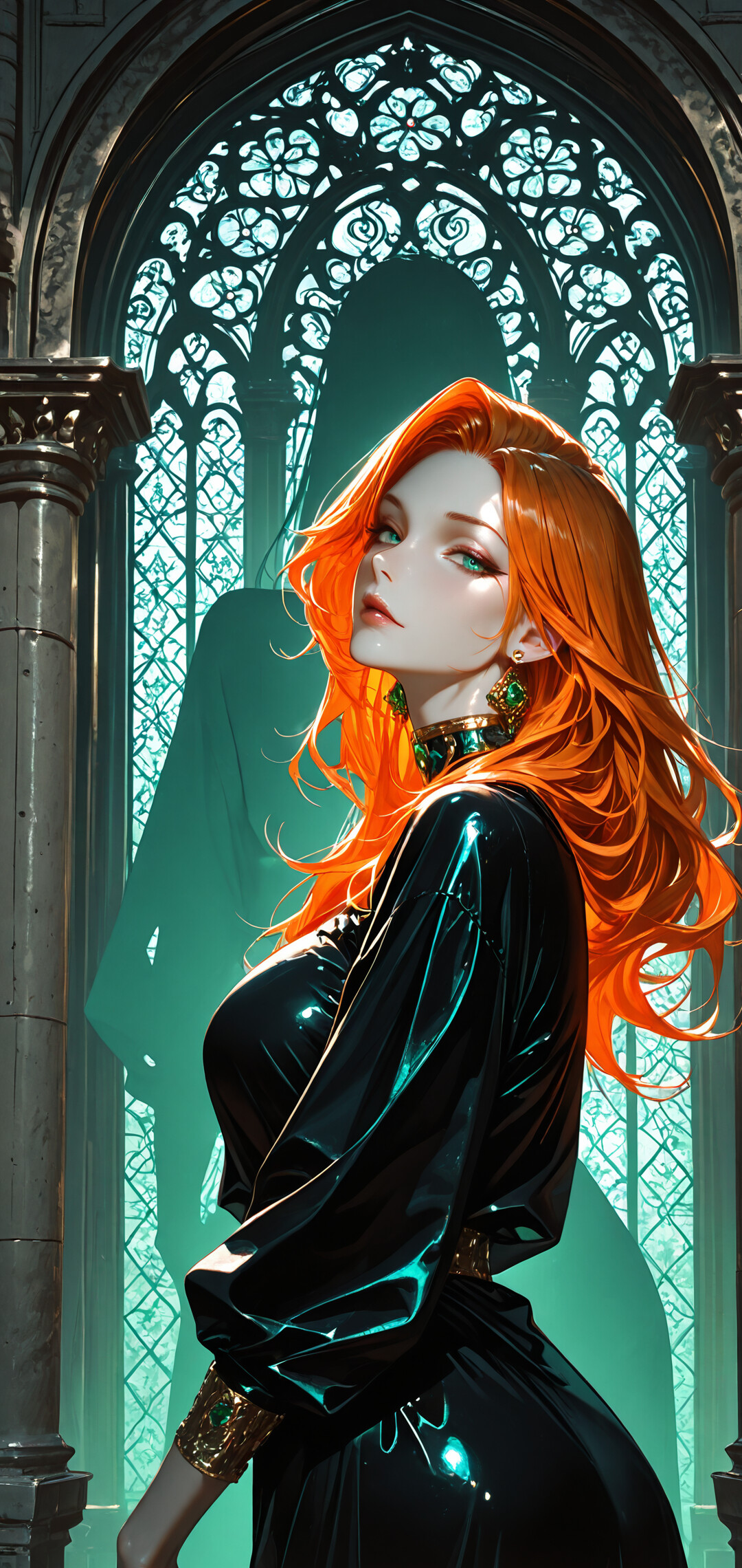 A beautiful anime-style woman with long orange hair and green eyes, wearing a black dress and emerald jewelry, rests her chin on her hand on a gothic castle balcony at sunset.