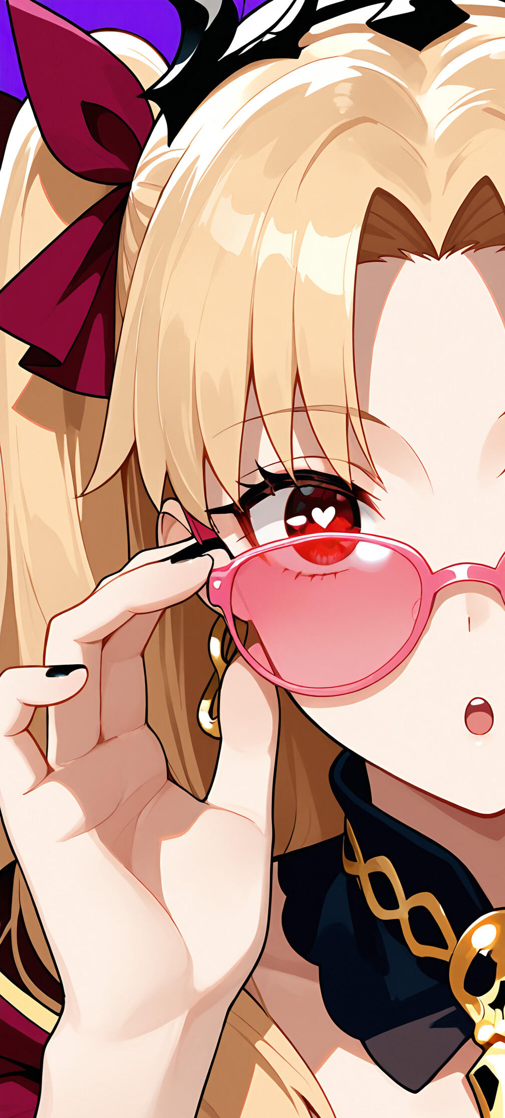 An anime-style illustration of the character Ereshkigal from Fate/Grand Order. She is a blonde girl with red, heart-shaped eyes, wearing a black crown and lowering a pair of pink sunglasses to look at the viewer.