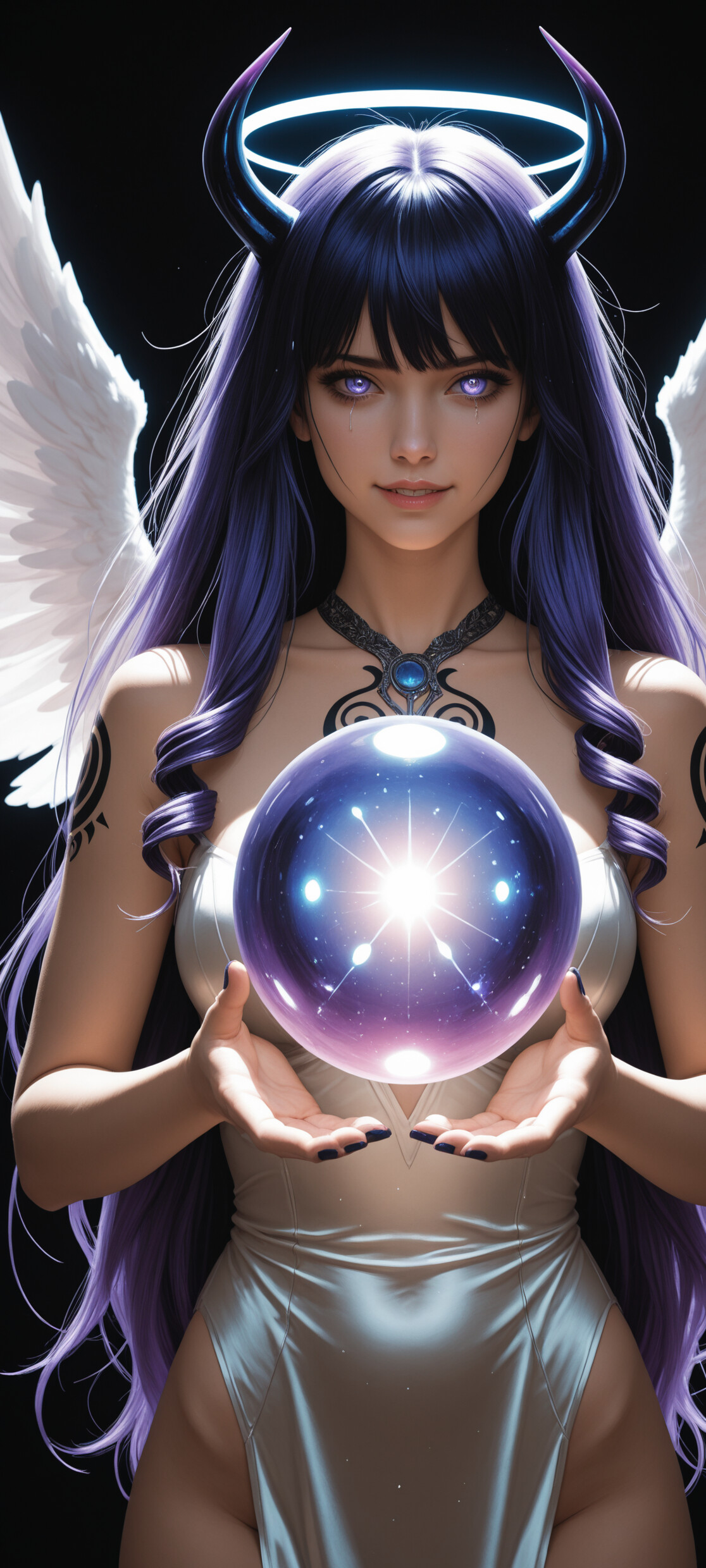 An anime-style woman with white angel wings, black demon horns, and a blue halo, smiling as she holds a glowing purple orb against a black background.