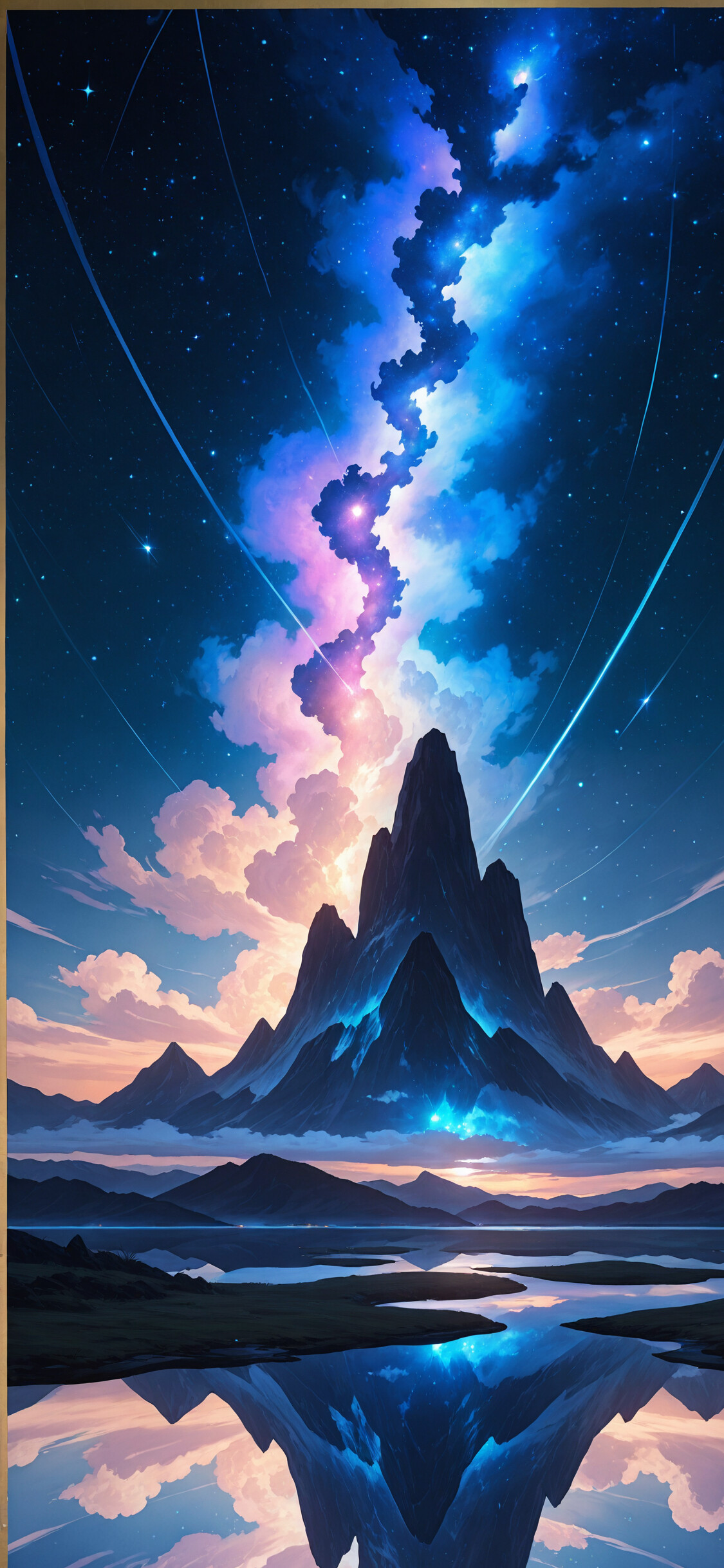 A lone figure in a cloak stands before a large, jagged mountain under a colorful, starry night sky with a nebula, all of which is reflected in the calm water below.