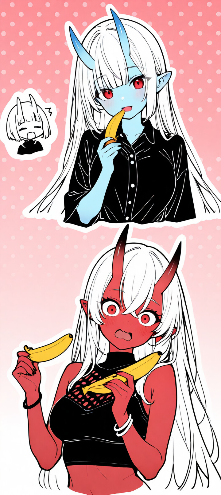 A blue-skinned anime girl with long white hair, red eyes, and red-tipped horns, looking shocked and blushing deeply. She is wearing a black high-collar crop top against a pink dotted background.