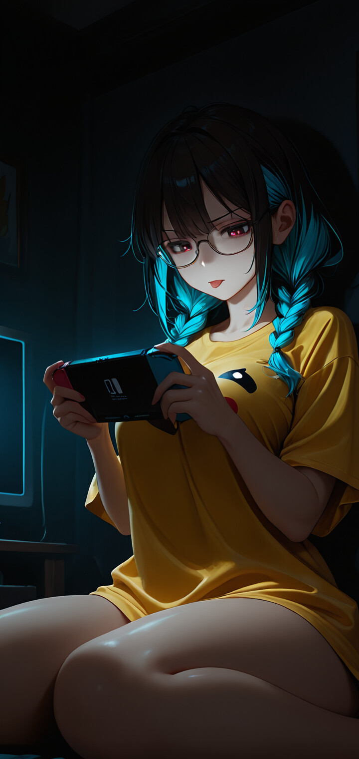 An anime girl with black and blue braided hair and glasses, wearing an oversized yellow t-shirt, sits in a dark room concentrating while playing a handheld video game console.