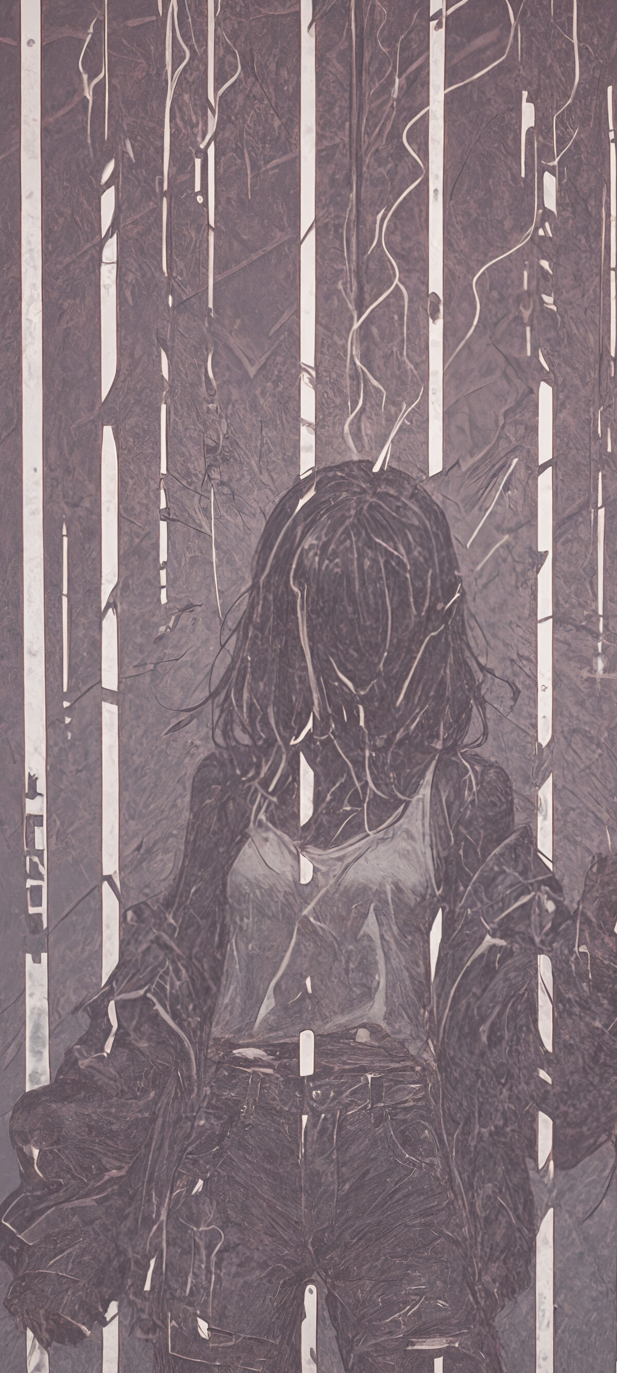 An illustration of a girl with dark hair and a jacket over her shoulders, standing behind pink bars that obscure her face. The color scheme is muted pink and grey.