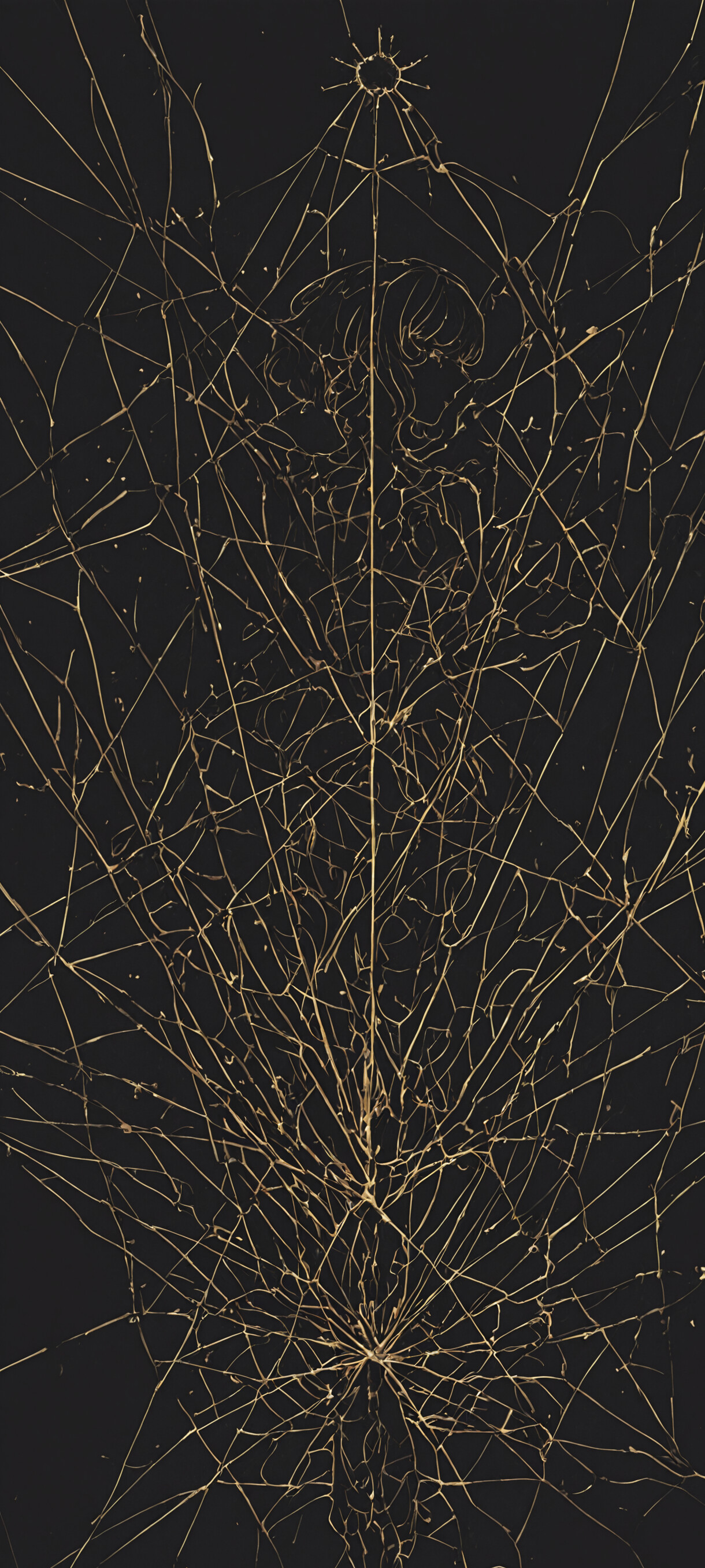 A modern abstract art piece showing Rei Ayanami from Neon Genesis Evangelion in profile. The image is a line drawing in glowing copper on a dark grid background, with the side of her head dissolving into a chaotic, beautiful spiral.