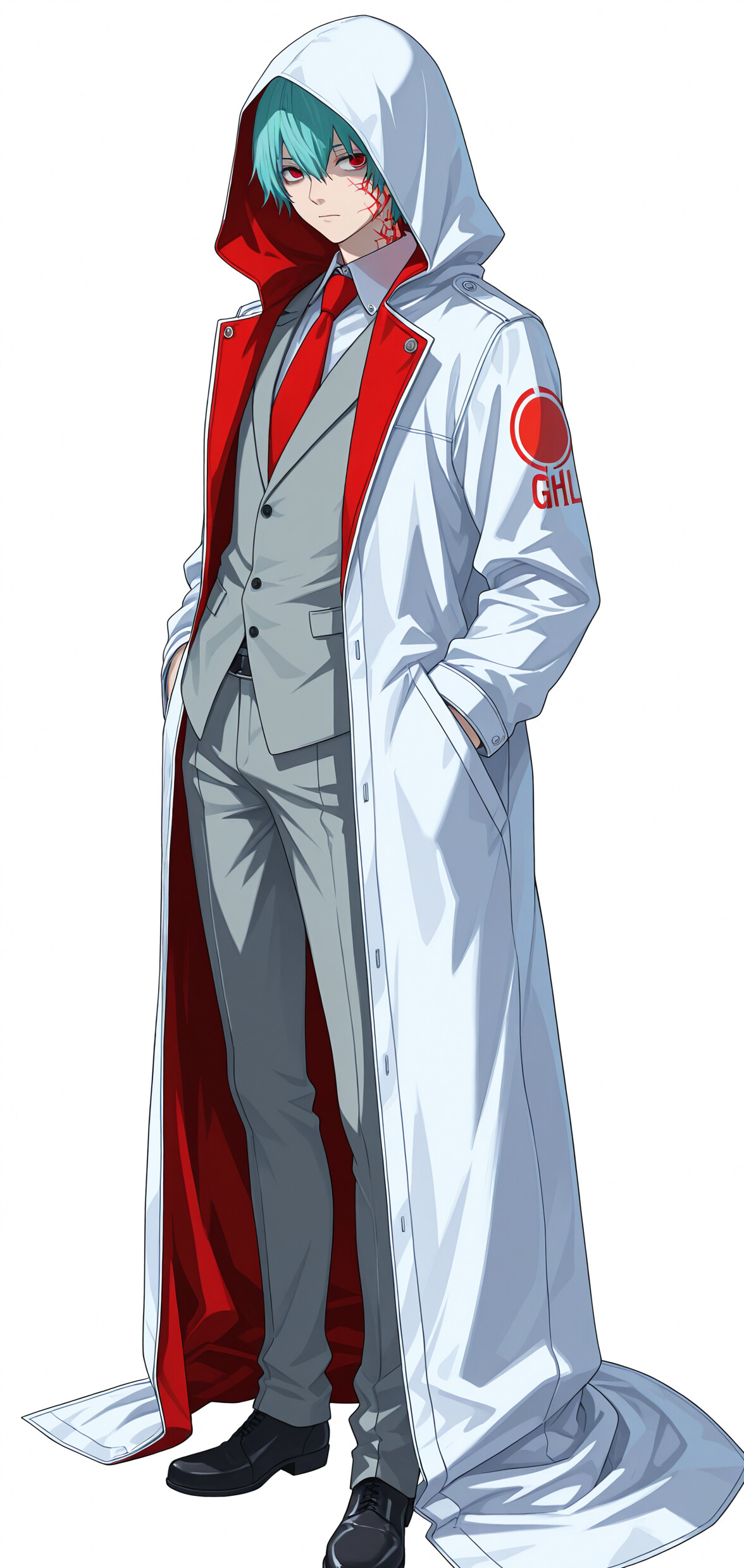 Full body illustration of the anime-style character Hibari from Tohyōgi, featuring his light blue hair, red eyes, and a long white overcoat over a suit.