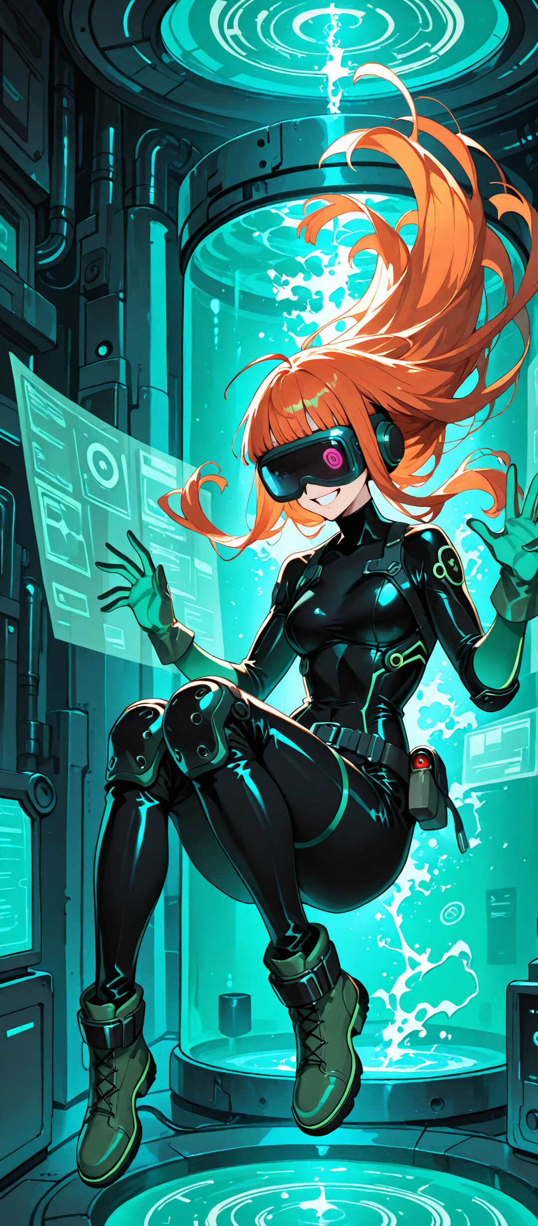 An anime-style illustration of Futaba Sakura from Persona 5 floating in a sci-fi setting. She has long orange hair, glasses, and a wide smile, and is wearing her black Oracle bodysuit with a VR headset, green gloves, and boots, with her arms raised in the air.