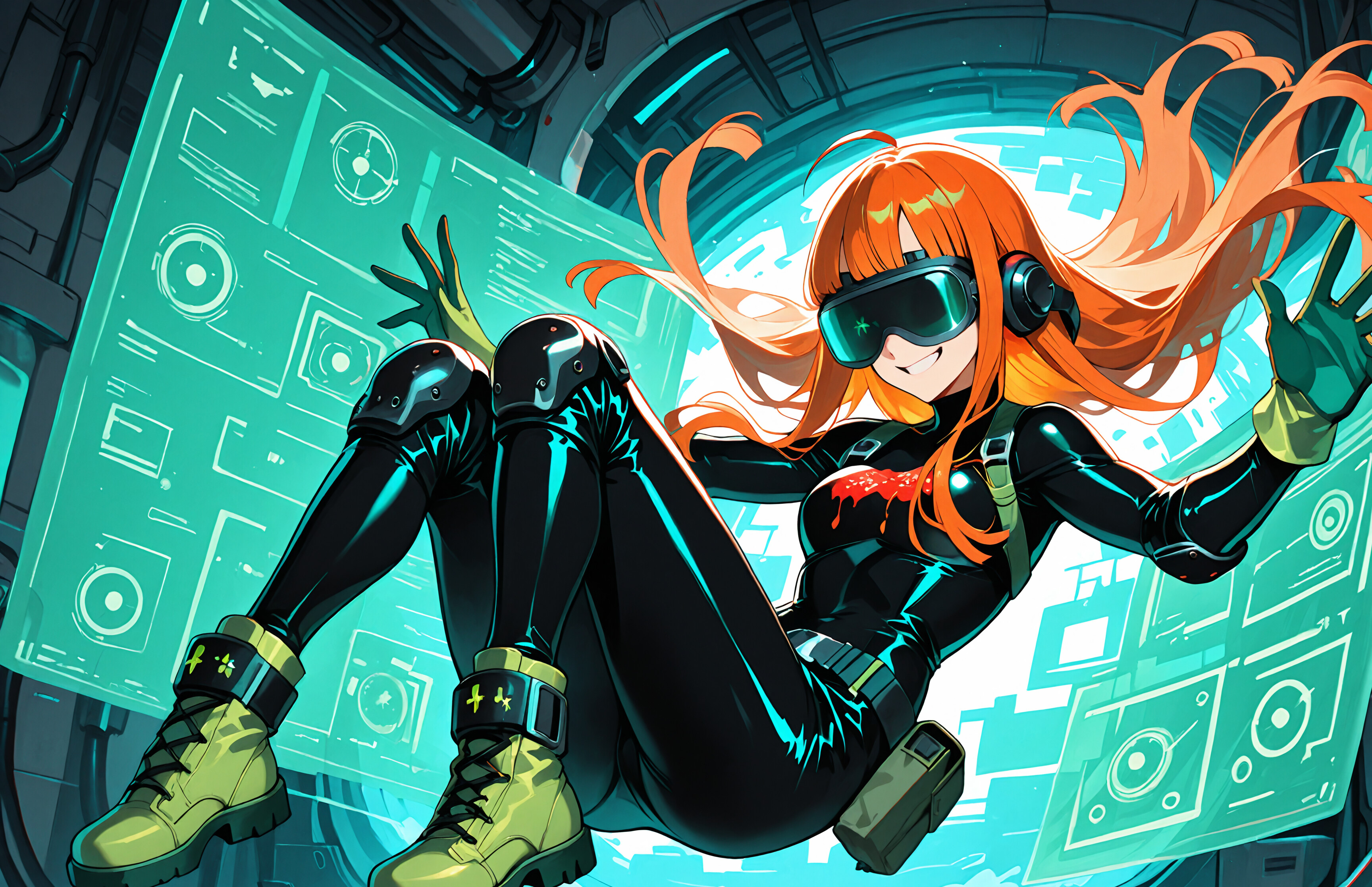 An anime-style illustration of Futaba Sakura from Persona 5 floating in a sci-fi setting. She has long orange hair, glasses, and a wide smile, and is wearing her black Oracle bodysuit with a VR headset, green gloves, and boots, with her arms raised in the air.