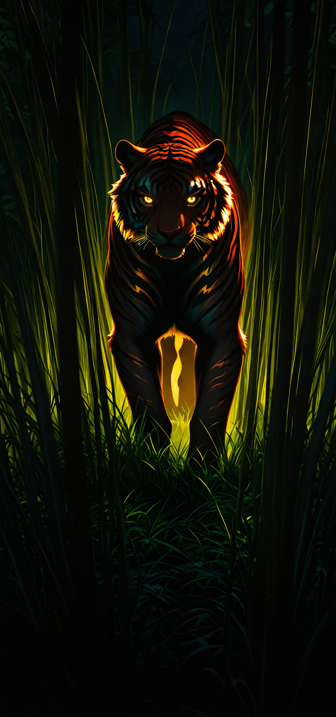A powerful tiger with glowing yellow eyes stalks forward through tall green grass in the dark, its face illuminated and its expression intense.