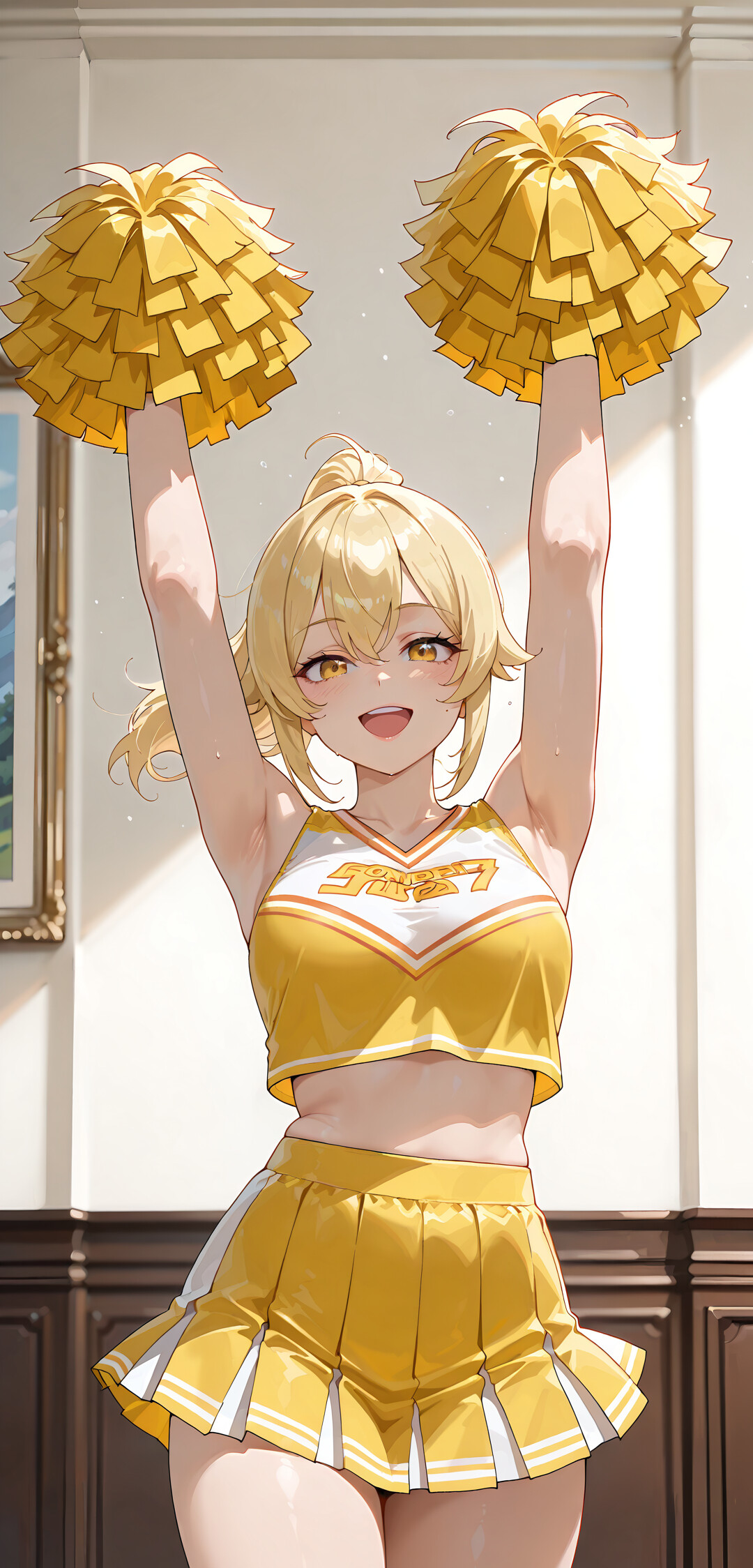 An anime-style illustration of Lumine from Genshin Impact as a cheerleader. She is a blonde girl with golden eyes, smiling and holding two yellow pom-poms in a bright, windowed room.