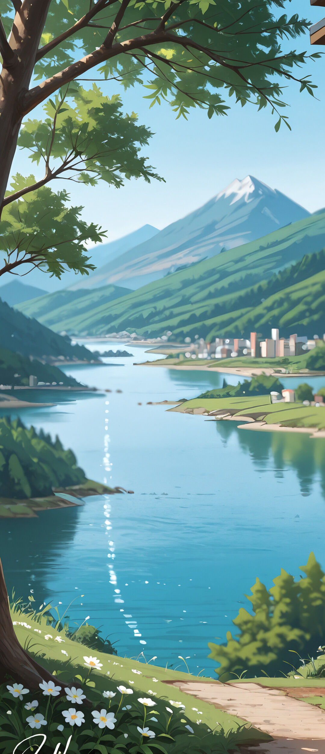 An anime-style digital painting of a serene landscape. A large tree with golden leaves overlooks a winding river. In the background are green hills and a snow-capped mountain under a blue sky. White flowers are in the foreground.