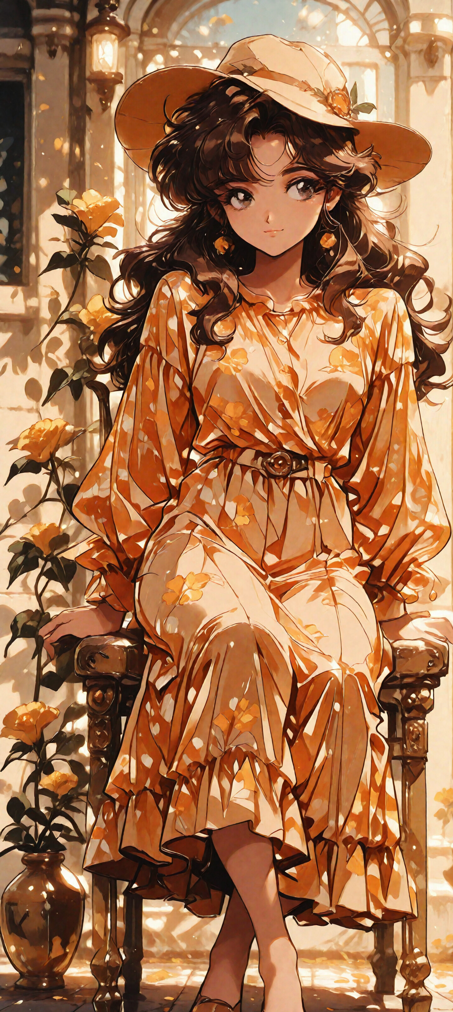 A full-body portrait of an anime-style young woman with long brown hair and a yellow hat, sitting on a wooden chair. She is wearing a long orange-yellow floral dress and smiling gently in a sunlit garden with yellow roses.