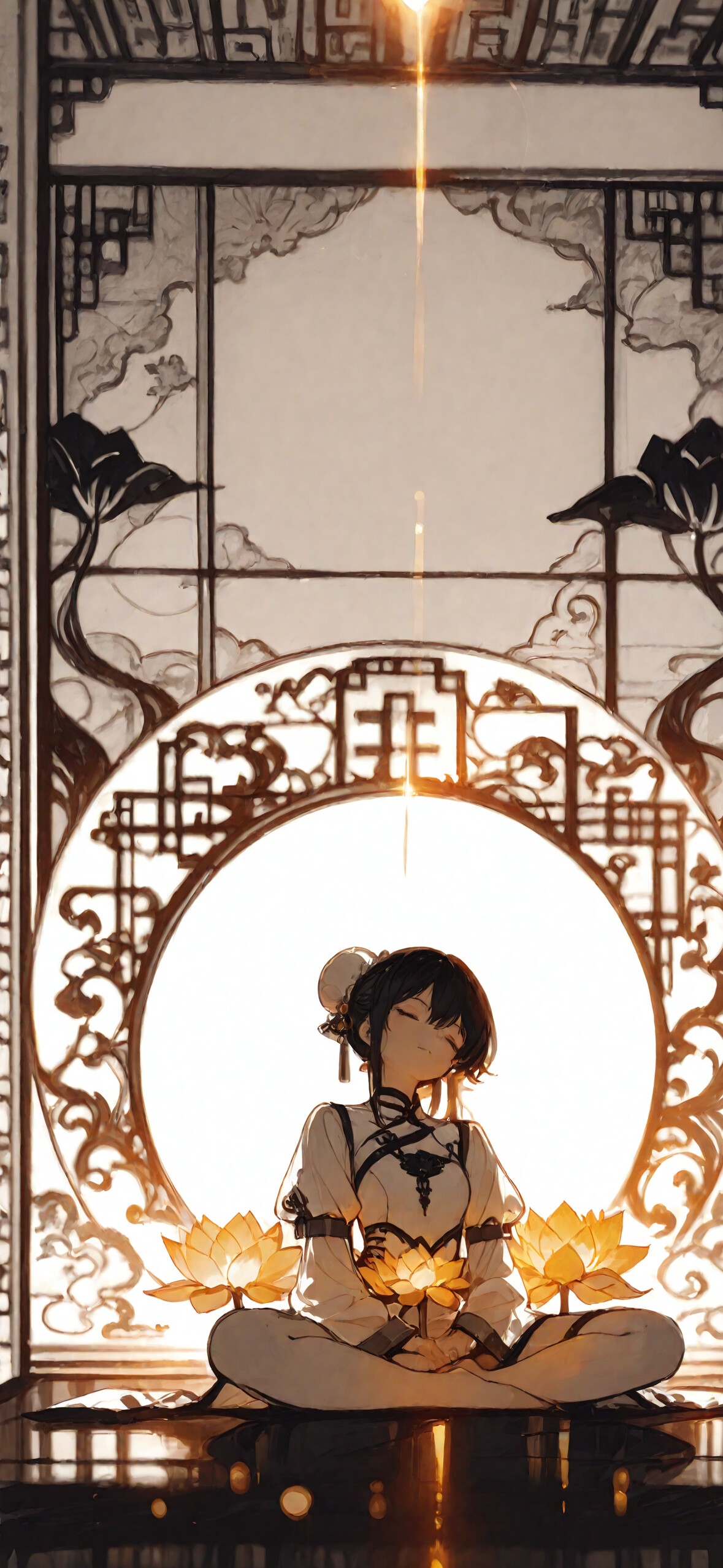 An anime girl with white hair in double buns meditates in a lotus position. She wears a white qipao and is surrounded by golden lotus flowers and a glowing halo against a background of Chinese screens.