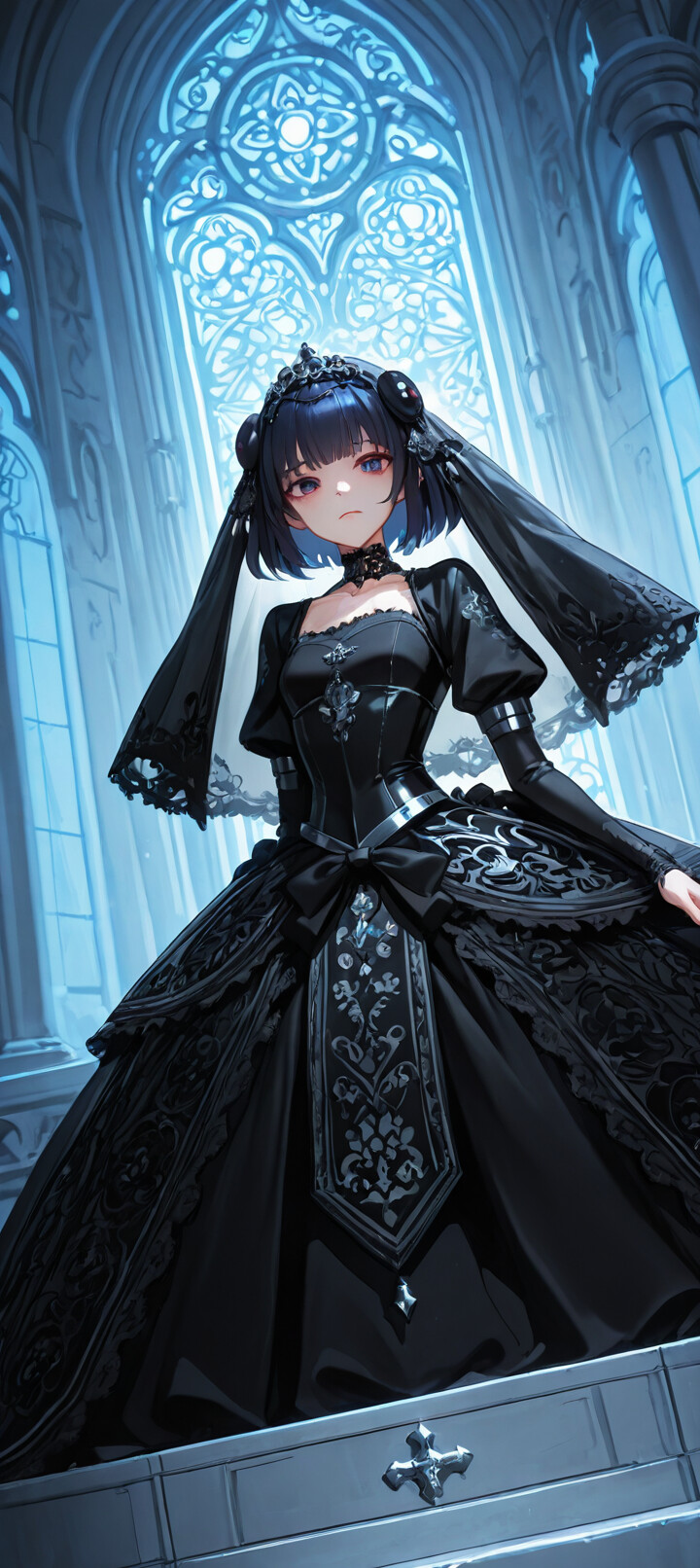 An anime-style illustration of a young woman with short blue hair and a golden tiara, wearing a detailed silver-white gothic wedding dress and veil. She is in a dark, blue-lit stone hall, looking up with a serious expression.