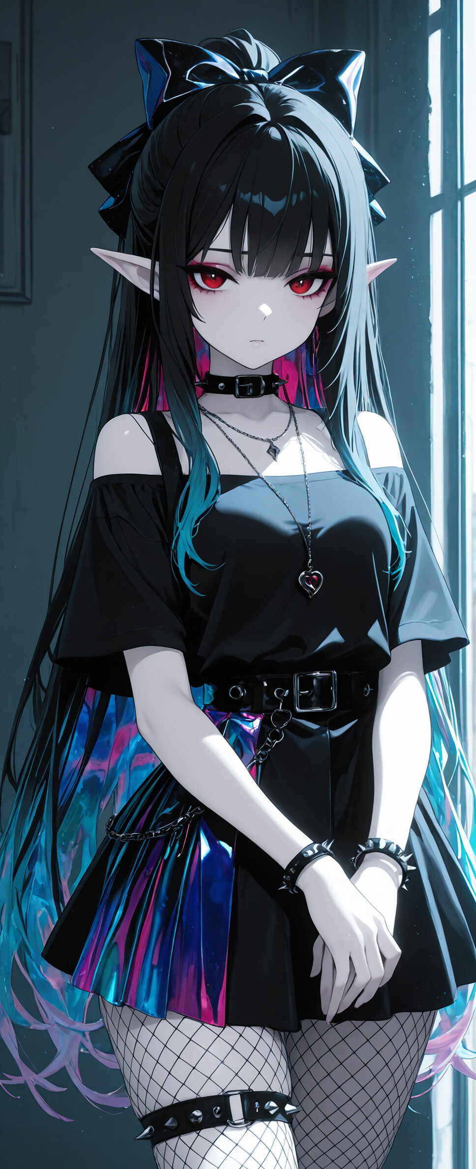 An illustration of a goth elf girl with long black and teal hair, wearing a shiny black dress, fishnet stockings, and a large bow, standing in a room with a brightly lit window.