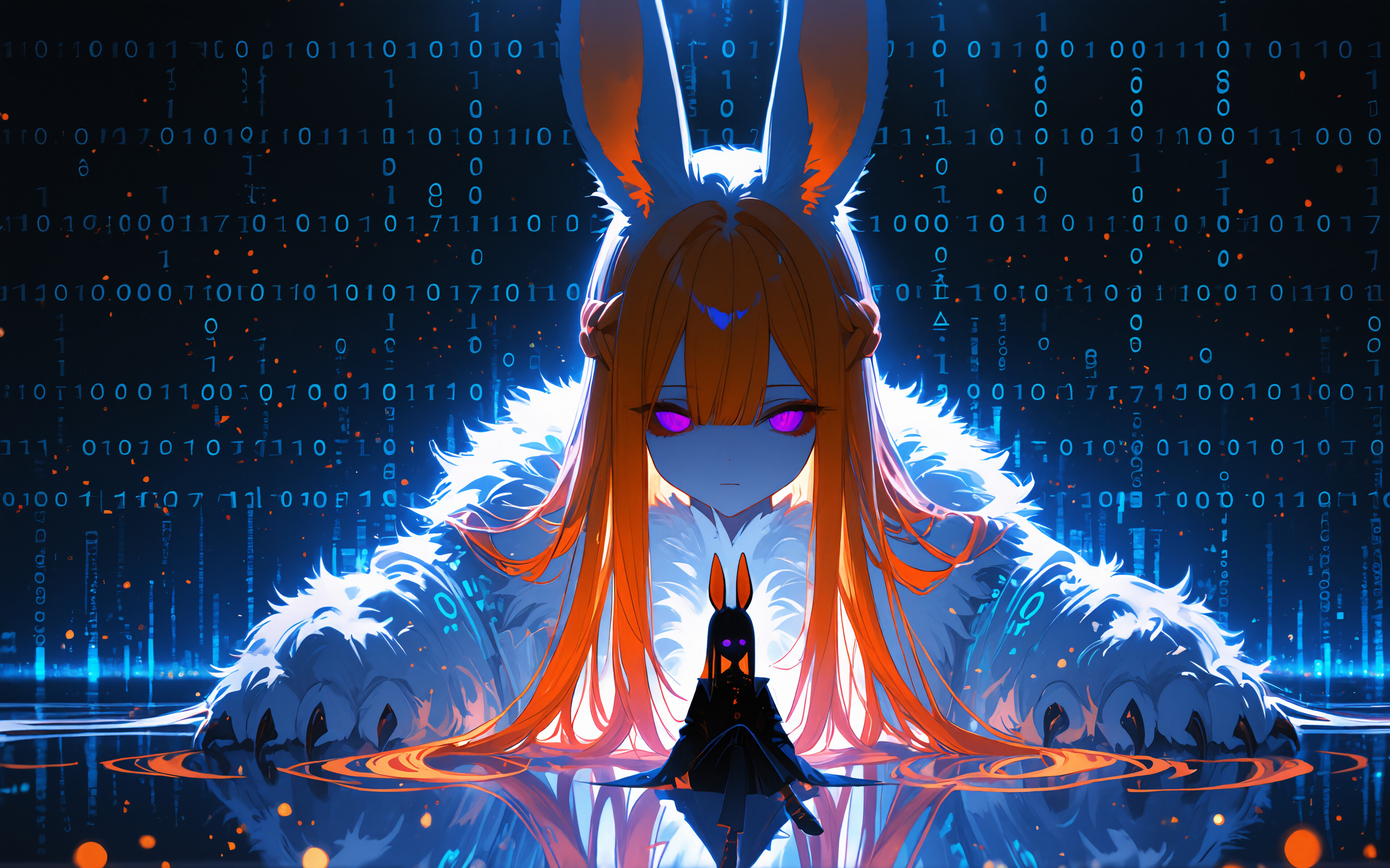 An anime-style illustration of a girl with orange hair and rabbit ears sitting in front of a giant, glowing white rabbit with a third eye, all within a futuristic digital world with falling binary code.