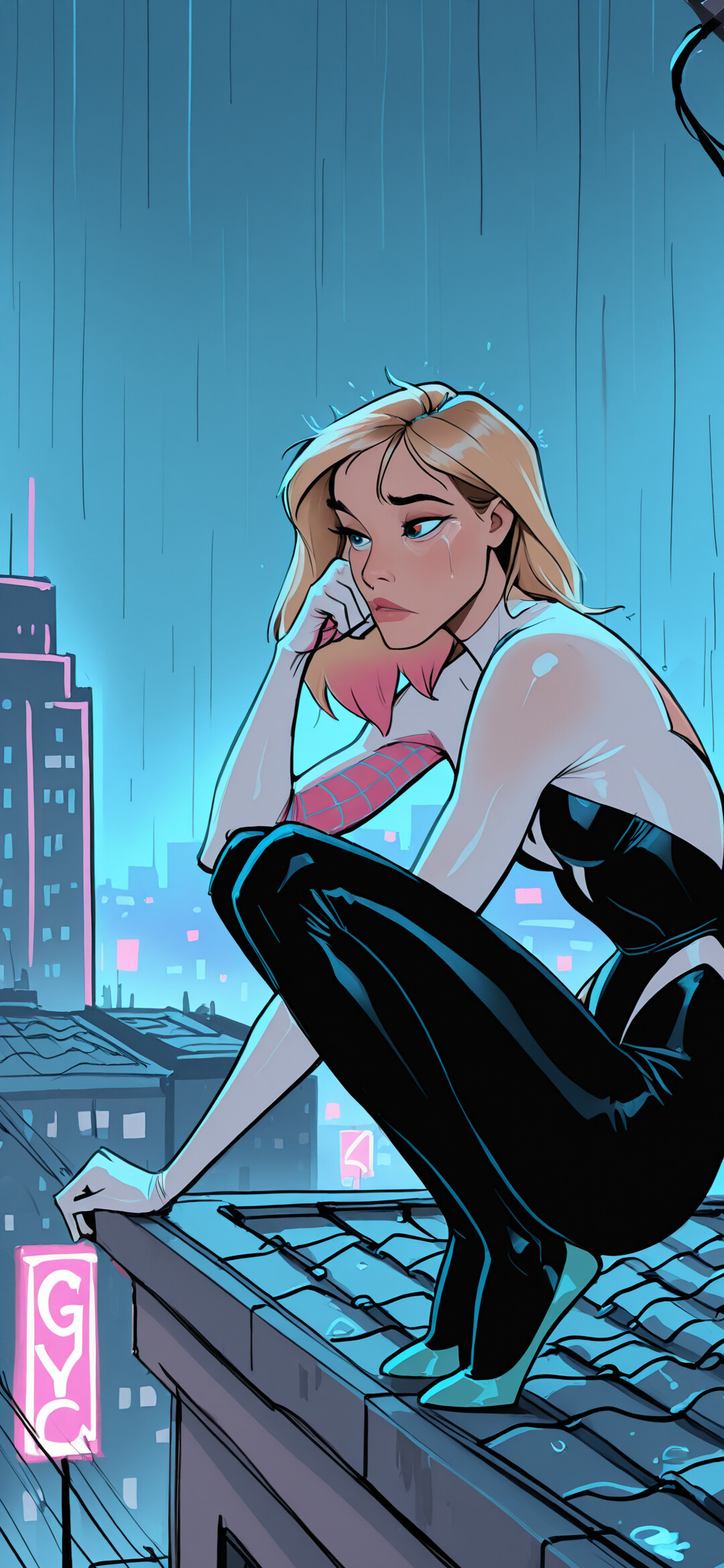 Gwen Stacy as Spider-Gwen in her iconic black and white suit, crouching pensively on a wet rooftop in a rainy, neon-lit city at night.