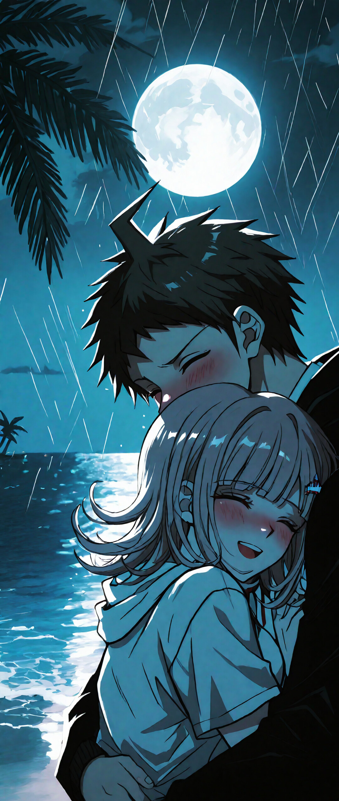 Anime fan art of Hajime Hinata and Chiaki Nanami from Danganronpa hugging affectionately on a rainy beach at night, with a full moon and palm trees in the background.