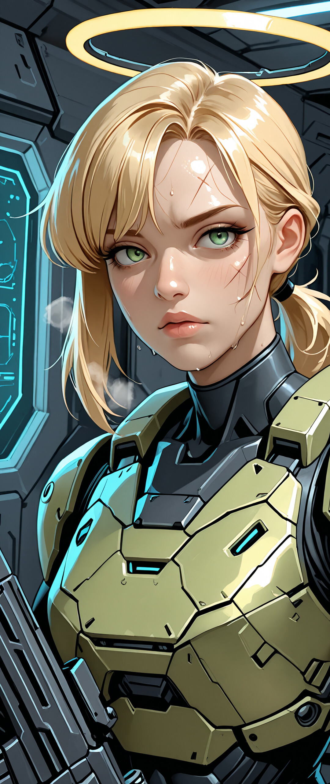 An anime-style illustration of a young female Spartan with blonde pigtails and green eyes, wearing green and black futuristic armor, with a glowing white halo above her head, standing inside a spaceship.