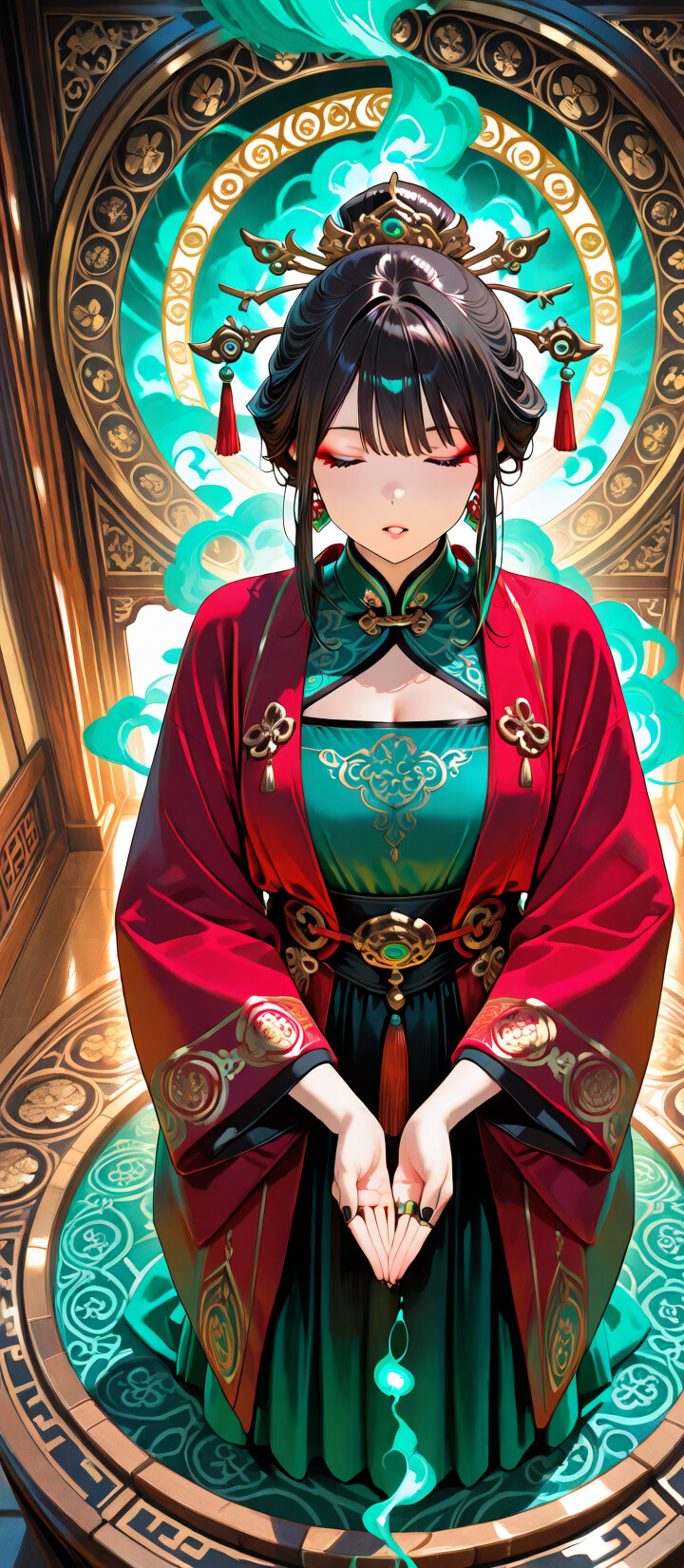 An anime-style woman in a red and green traditional Chinese robe holding glowing money, framed by ethereal teal smoke and an ornate circular window.