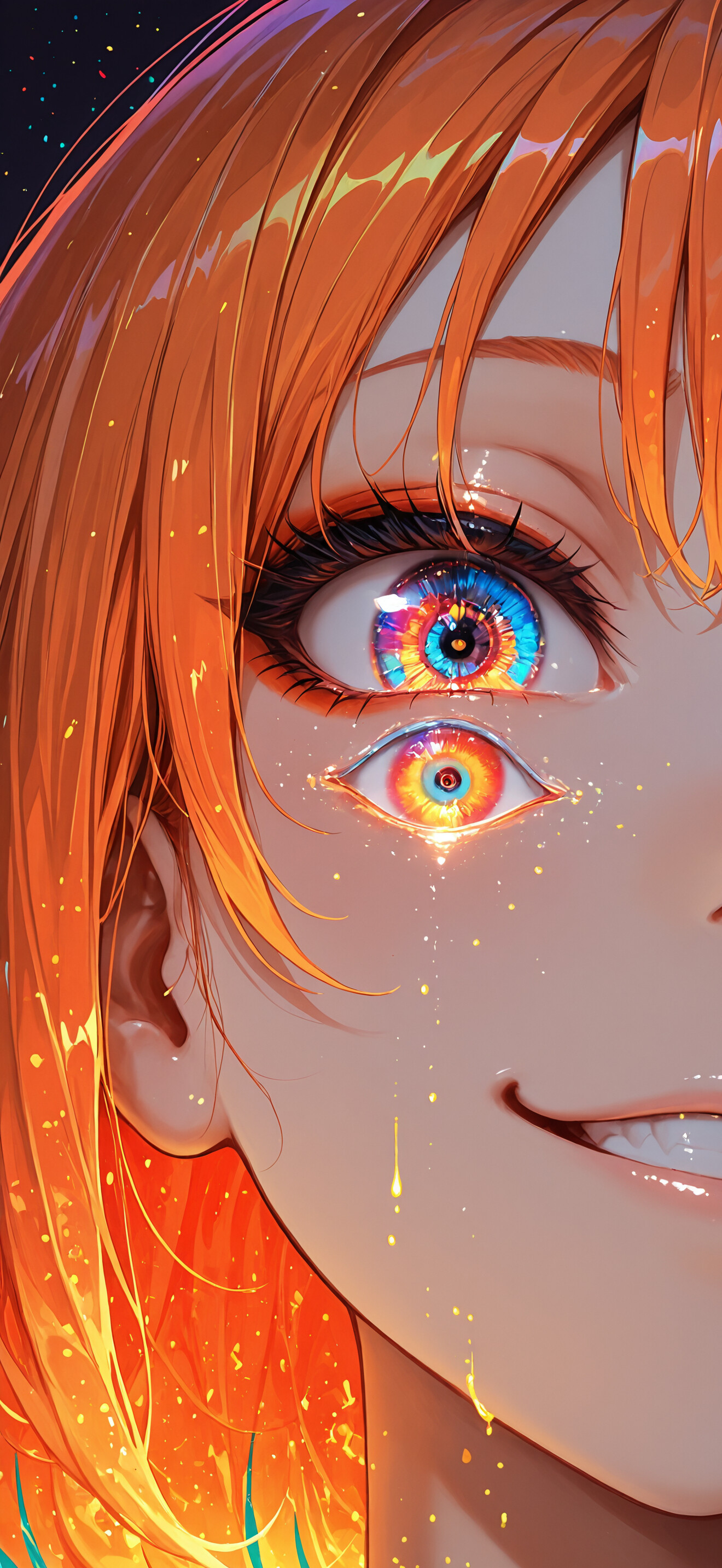 A close-up illustration of an anime girl with vibrant orange hair and a smug smirk. Her eyes are the central focus, featuring intricate, glowing, kaleidoscopic patterns with rings of rainbow colors.
