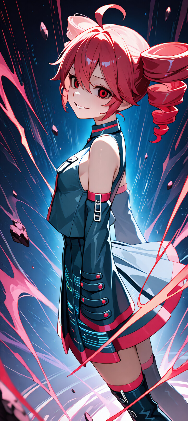 An anime-style illustration of Kasane Teto with red twin-drill hair and a mischievous smile, wearing a futuristic blue and red outfit. She stands amidst swirling pink energy and floating rocks in front of a bright, glowing portal.